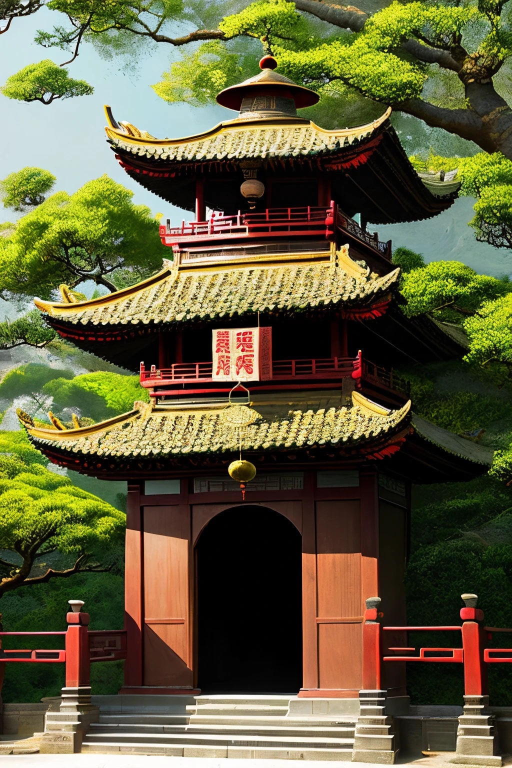 Ancient Chinese big bell,Ancient architecture,age-old tree