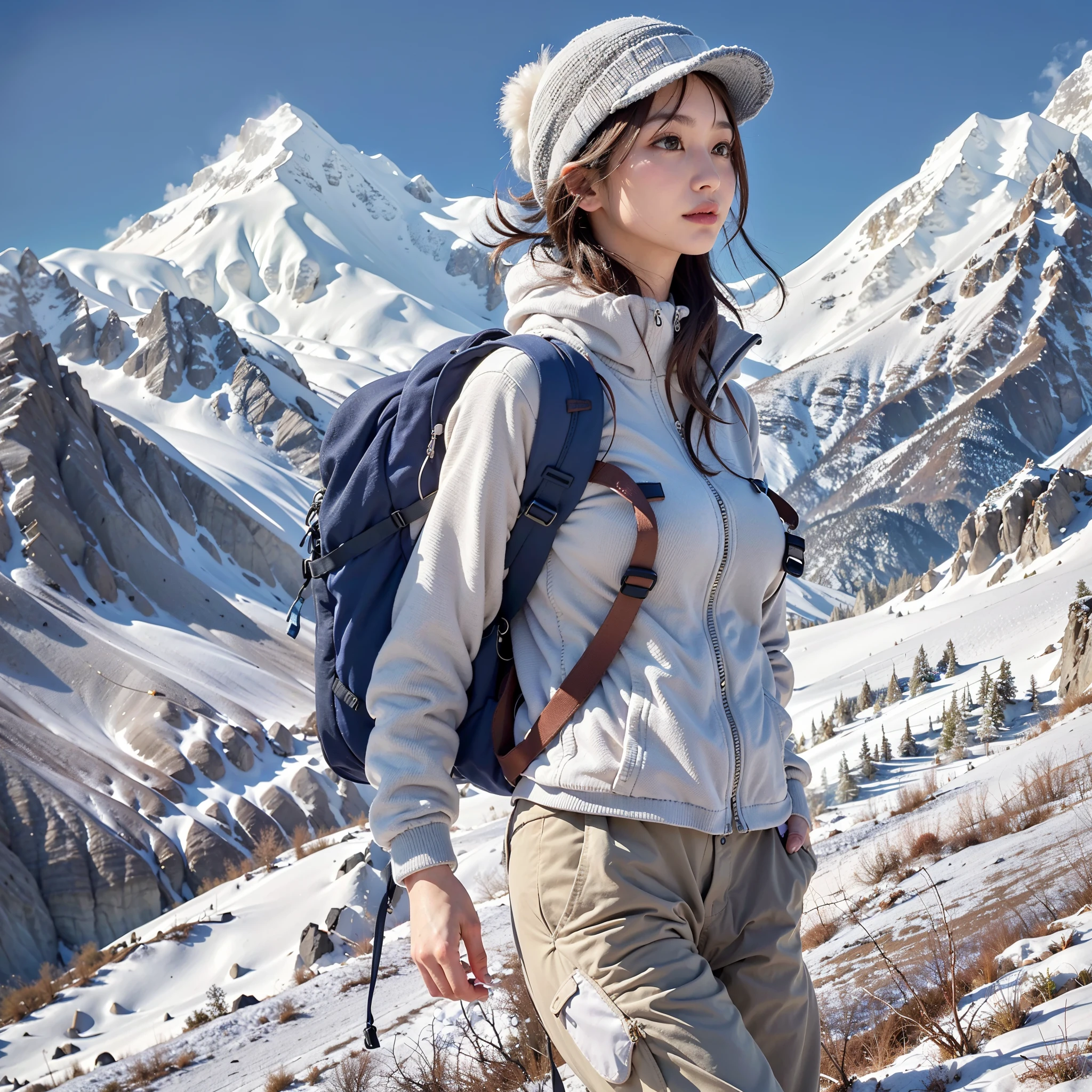 (Background, Magnificent mountain views, blue open sky, white clouds, snow, winter):1.3, (medium hair, dark brown hair), (top-quality, Photorealistic:1.4, masterpiece:1.3, RAW Photography:1.2, cinematic light, very detailed illustration), (1woman:1.3, solo), (Mountain-jacket, T-shirt, trekking-pants, knit hat), (Carrying a backpack), (Walking along a mountain trail), (ultra delicate face, ultra Beautiful fece, ultra delicate eyes, ultra detailed nose, ultra detailed mouth, ultra detailed facial features), ite woman, (medium breast:1.3), from the front side, glossy lips, white breath