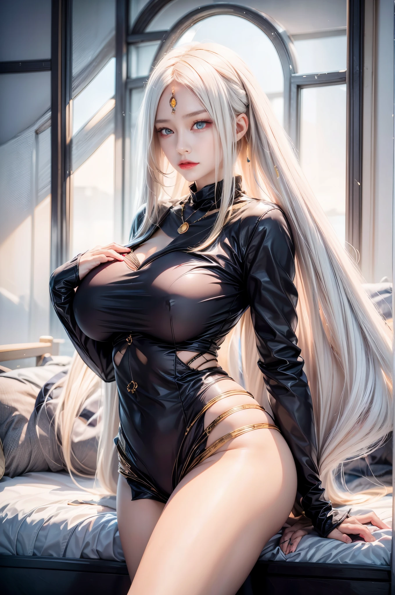 realistic, 1girls, best quality, 12k, HD, long hair, big round breasts, cleavage, ponytail, necklace, jewelry, shorts, short jacket, slim hips, hair tie, yellow eyes, yellow hair, super detailed, Detail eyes, hair details, person details, mouth details, face details, breast details, clothes details, hair details, pants details, hand details, whole body