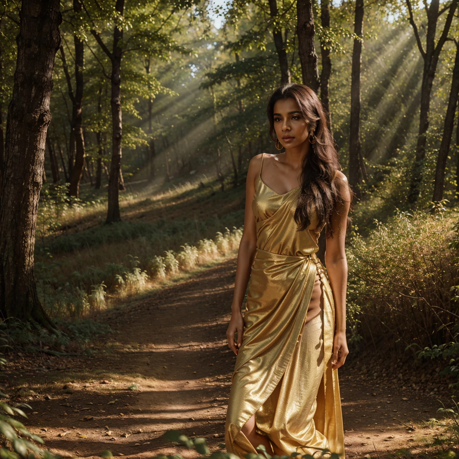 natural beauty , pink lips, slim body, indian golden dress ,golde jewelry , small breast,ultra detailed , ultra 4k hd quality image, deep forest stone field, soft sun light, medium fog, morning seen,