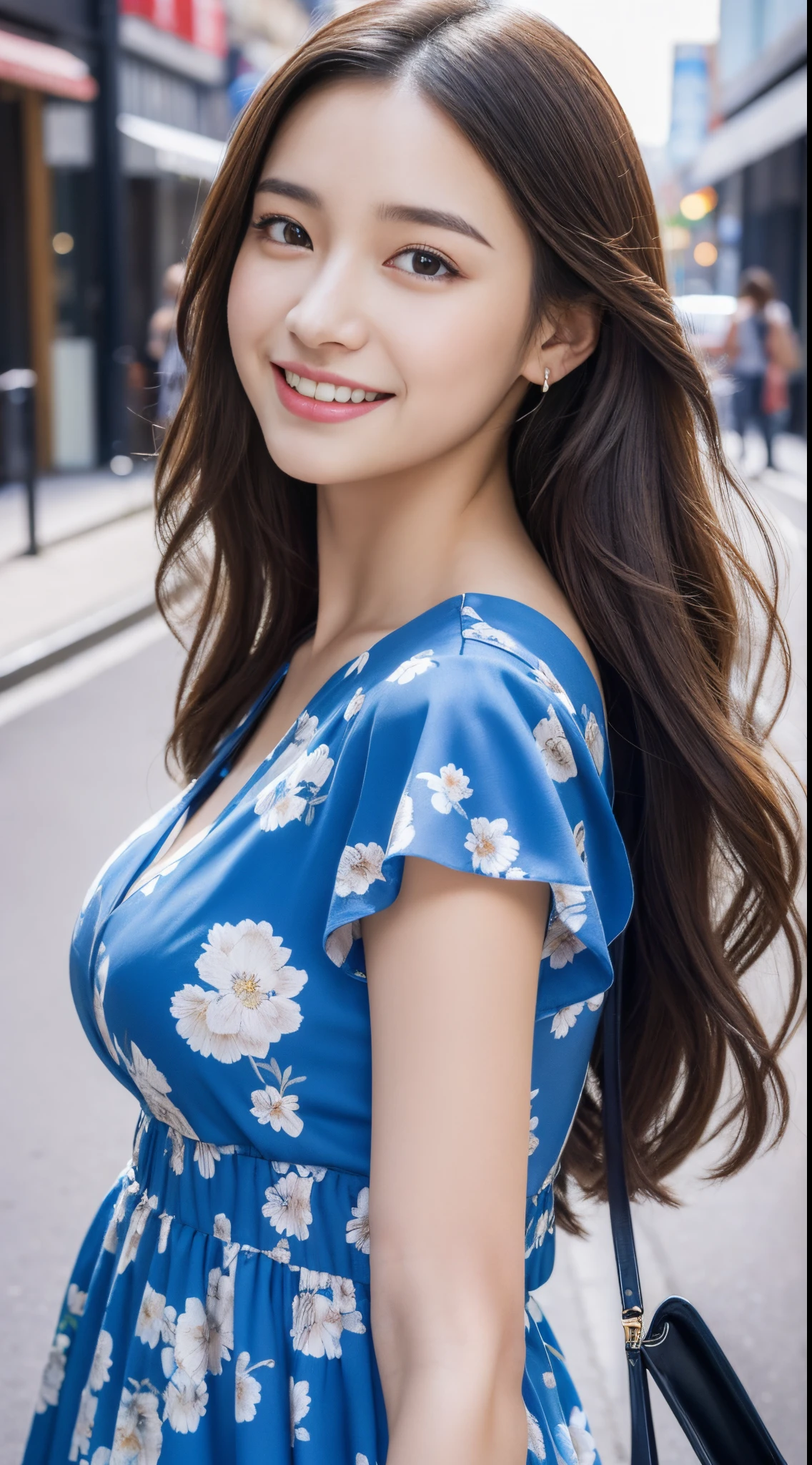 Walk the streets of the city,One lady、 Bandeau Dress, Wearing long gorgeous clothes, She is wearing a long blue floral dress.Light blue dress, shopping, In the city, highly detailed beautiful girl, Highly detailed face, Highly detailed eyes, highly detailedskin, extremely detailed fingers, highly detailed nose, very detailed detailed mouth、Smile a little