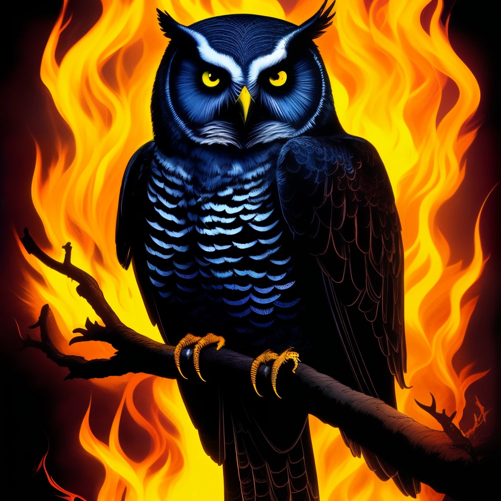 Fat evil black owl perched on limb with fire and brimstone in background