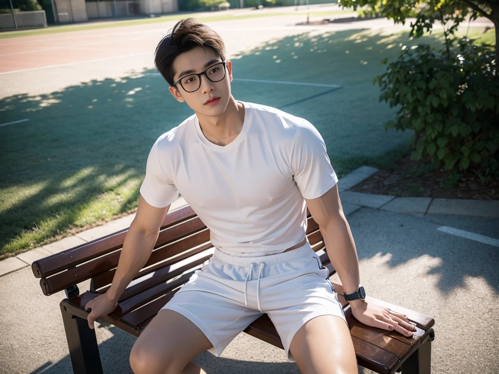 22-year-old male，film camera，真实感，photography of，whitestocking，Physical Education Student，Handsome，Chinese boy，Outdoor basketball court，Sit on a bench，White short sweatpants，Gold-rimmed glasses，Fashionab，youthfulenergy，muscle men，health charm，Sunny scent，Portrait photography，vogue photography，perfect  detail，Gorgeous light and shadow，Shooting from an elevation perspective，2k