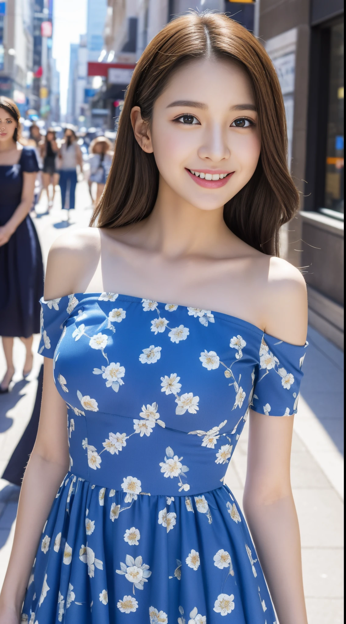 Walk the streets of the city,One lady、 Bandeau Dress, Wearing long gorgeous clothes, She is wearing a long blue floral dress.Light blue dress, shopping, In the city, highly detailed beautiful girl, Highly detailed face, Highly detailed eyes, highly detailedskin, extremely detailed fingers, highly detailed nose, very detailed detailed mouth、Smile a little