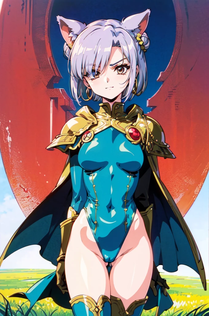 "(masterpiece:1.1), best quality, NSFW, 
1girl, (80s anime style:1.3), (eyelashes:1.5), (:1.2), 
(intricate high detailed body:1.2), 
blonde hair, (hair over one eye:1.1), (short hair, twin bun:1.1), (animal ears:1.2), 
brown eyes, 
(pale skin:1.3), (slim body:1.1), (medium breasts:1.1), 
(angry, smile:1.2), 
(silver embroidery leotard armor:1.2), 
(knight armor, armored boots, capelet:1.2), (hoop earrings:1.1), gloves, 
standing, arms behind back, 
(upper body, cowboy shot, looking at viewer, from front:1.1),
(daytime, grassland, outdoors:1.2)"