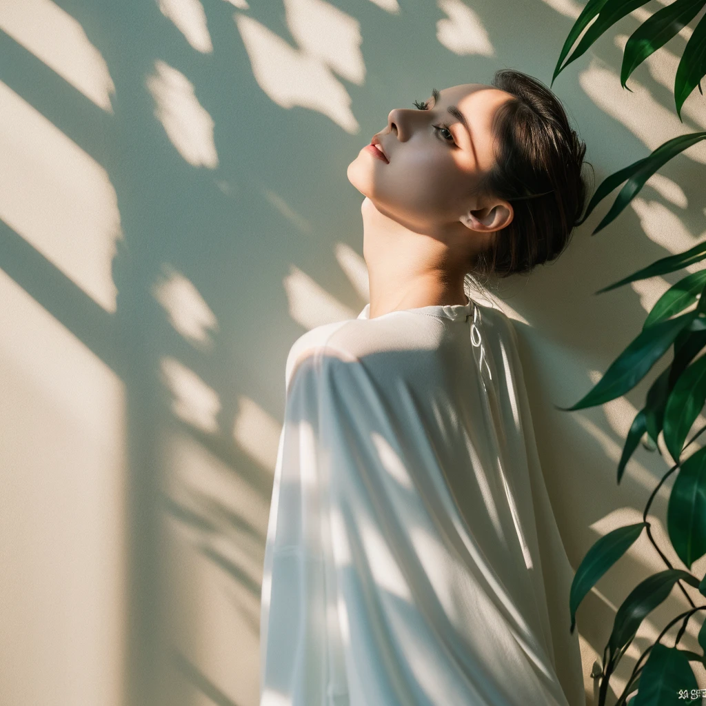 White curtains、Focus on the swaying eucalyptus、Soft light、Rim Lights、beautiful shadow、lowkey、(Photorealsitic、Raw foto:1.2)、(Natural texture、realistic detailed)、Hyper-Realism、超A high resolution、4K、top-quality、white walls、Perfect Angle、Female back view，full bodyesbian、
