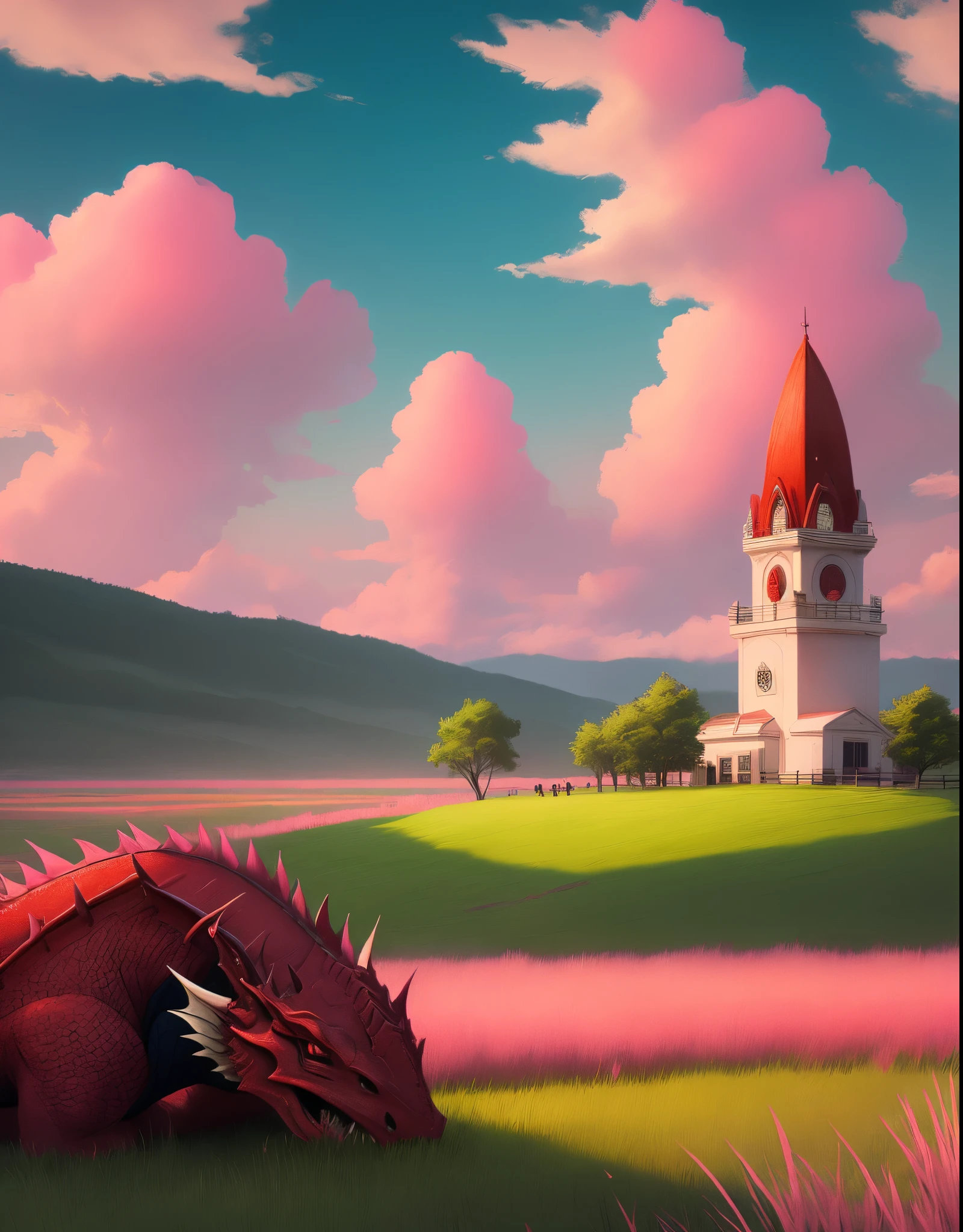 Red dragons in a feild with neon green grass, a pink sky and blue clouds