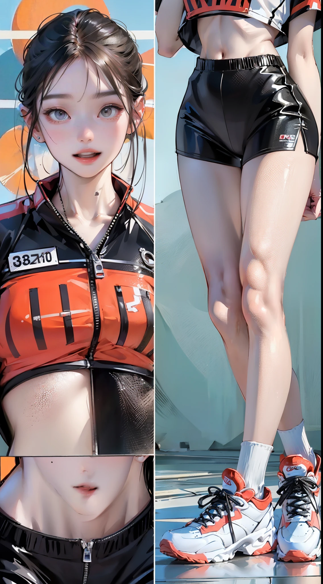 from below,ultra-wide-angle,8K,welcoming,20yr old,(Full body like:1.2),(legs long:1.5),(Slender body proportions), (Best quality at best, 4K, 8K, A high resolution, tmasterpiece:1.2), ultra - detailed, (actual, realistically, realistically:1.37), moody gestures,Moderate chest size, Happy expression, Sports student uniform with sneakers