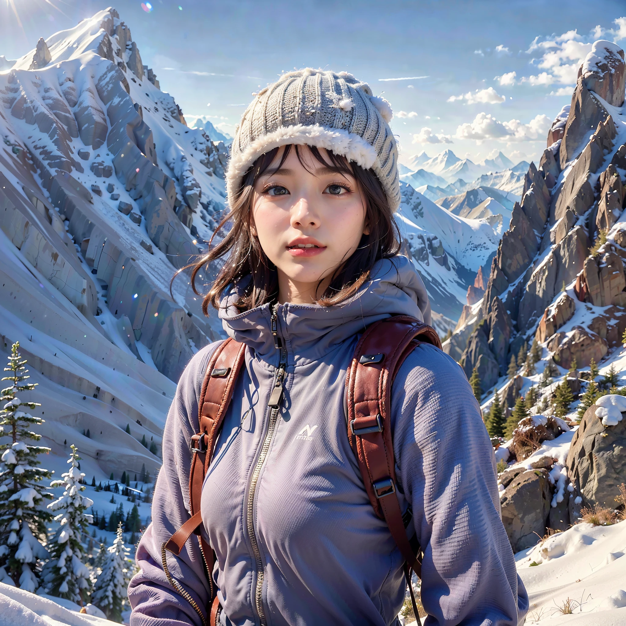 (Background, Magnificent mountain views, blue open sky, white clouds, snow, winter):1.3,  (medium hair, dark brown hair), (top-quality, Photorealistic:1.4, masterpiece:1.3, RAW Photography:1.2, cinematic light, very detailed illustration), (1woman:1.3, solo), (Mountain-jacket, T-shirt, trekking-pants, knit hat, Leather gloves), (Carrying a backpack), (Walking along a mountain trail), (ultra delicate face, ultra Beautiful fece, ultra delicate eyes, ultra detailed nose, ultra detailed mouth, ultra detailed facial features), ***ite woman, (medium breast:1.3), from the front side, glossy lips, white breath, selfee:1.3