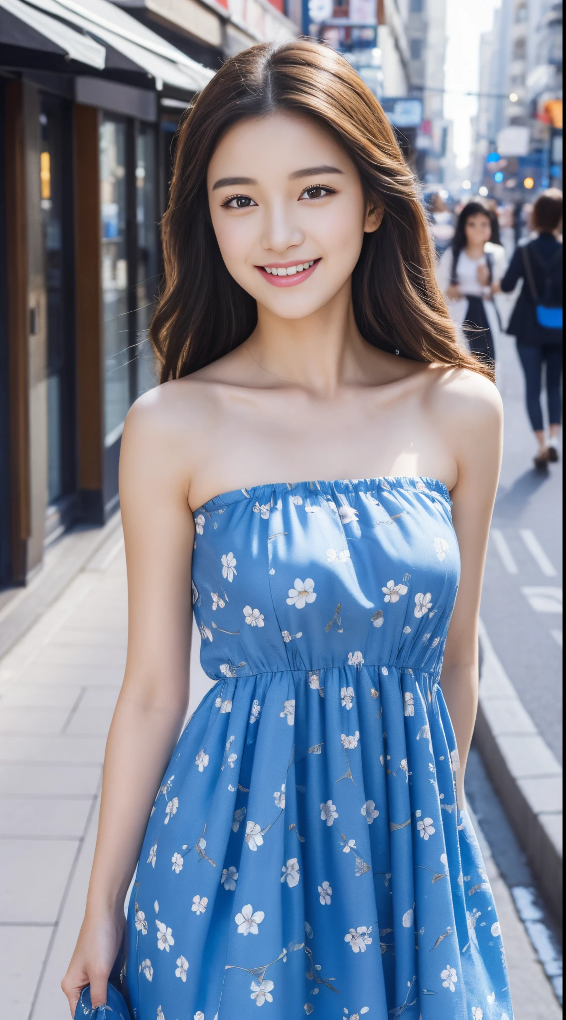 Walk the streets of the city,One lady、 Bandeau Dress, Wearing long gorgeous clothes, She is wearing a long blue floral dress.Light blue dress, shopping, In the city, highly detailed beautiful girl, Highly detailed face, Highly detailed eyes, highly detailedskin, extremely detailed fingers, highly detailed nose, very detailed detailed mouth、Smile a little
