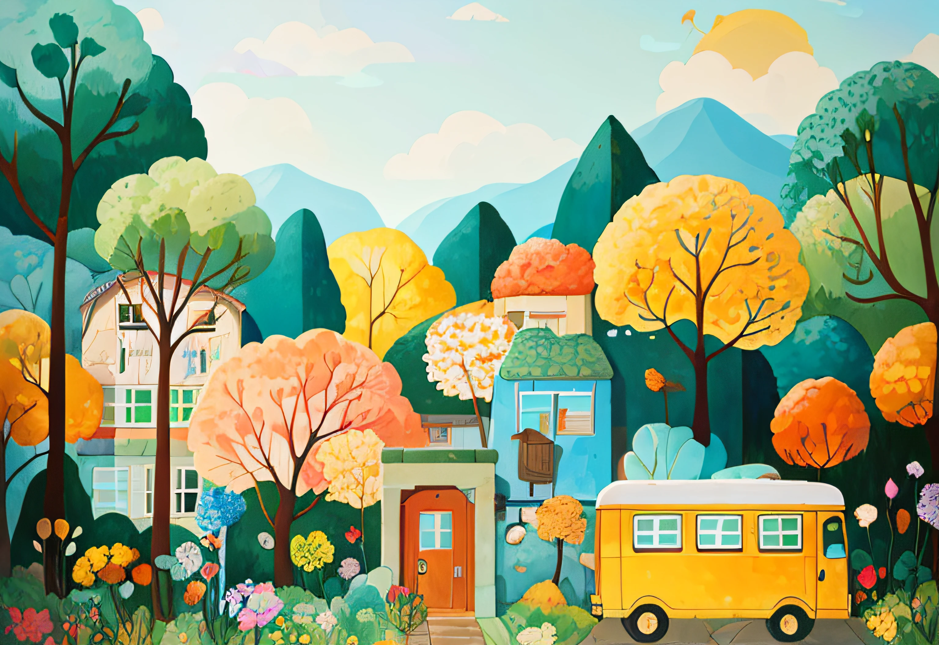 There is a painting of a school bus parked in front of the school, hand painted cartoon art style, Beautifully illustrated, landscape artwork, vibrant gouache painting scenery, nature painting, Animated illustration style, Landscape art detailed, sunlight and whimsical houses, detailed painting 4 k, colorful city, Colorful landscape painting, Hand drawn illustration poster, author：Yi Yinwen, painting illustration