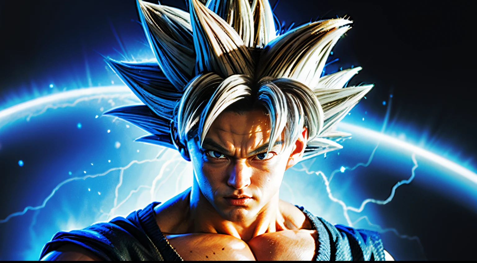 best quality, masterpiece, (realistic:1.2), son_goku, ultra_instinct, white_hair, aura, white aura, portrait