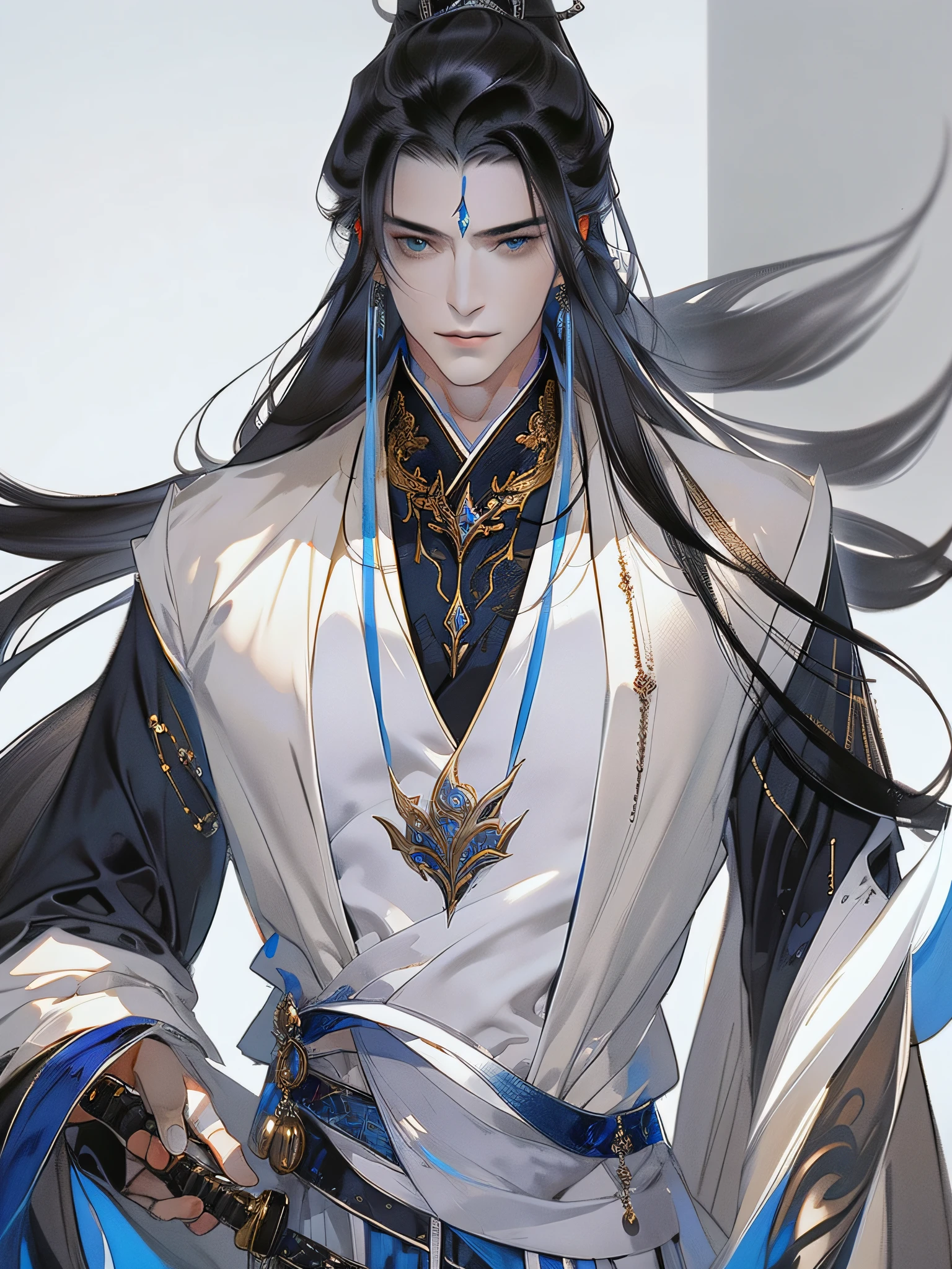 a handsome chinese man,(Whole-body proportions),style of anime,One guy(male warrior),(Fan in hand)proportions are correct,Face details,swordsman,High ponytail hairstyle,Neck details,Black fluff on shoulders,White suit,Black and white robes,clothes details,hand over,longer sleeves,Game quality,sword fighting,Light and shadow tracking,ray traycing,Detailed glow,cg render,hair detail,blue long hair,blue colored eyes,Handsome,Handsome,(juvenile sense),Clothing is complicated,Perfectcomposition,Refinement,high high quality,higher detailed,A lot of detail,The background is complex,a sense of atmosphere,high high quality