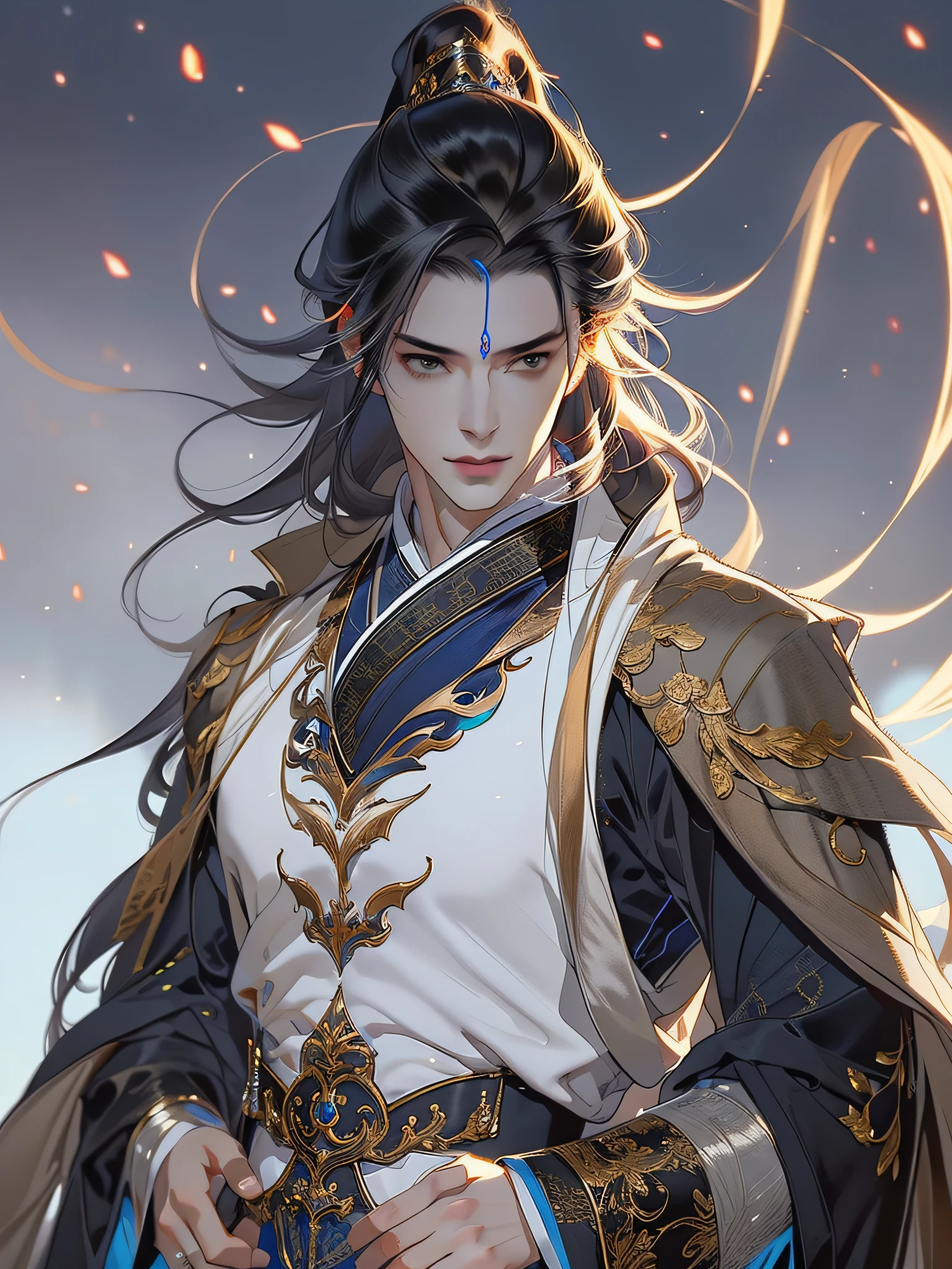 a handsome chinese man,(Whole-body proportions),style of anime,One guy(male warrior),(Fan in hand)proportions are correct,Face details,swordsman,High ponytail hairstyle,Neck details,Black fluff on shoulders,White suit,Black and white robes,clothes details,hand over,longer sleeves,Game quality,sword fighting,Light and shadow tracking,ray traycing,Detailed glow,cg render,hair detail,blue long hair,blue colored eyes,Handsome,Handsome,(juvenile sense),Clothing is complicated,Perfectcomposition,Refinement,high high quality,higher detailed,A lot of detail,The background is complex,a sense of atmosphere,high high quality