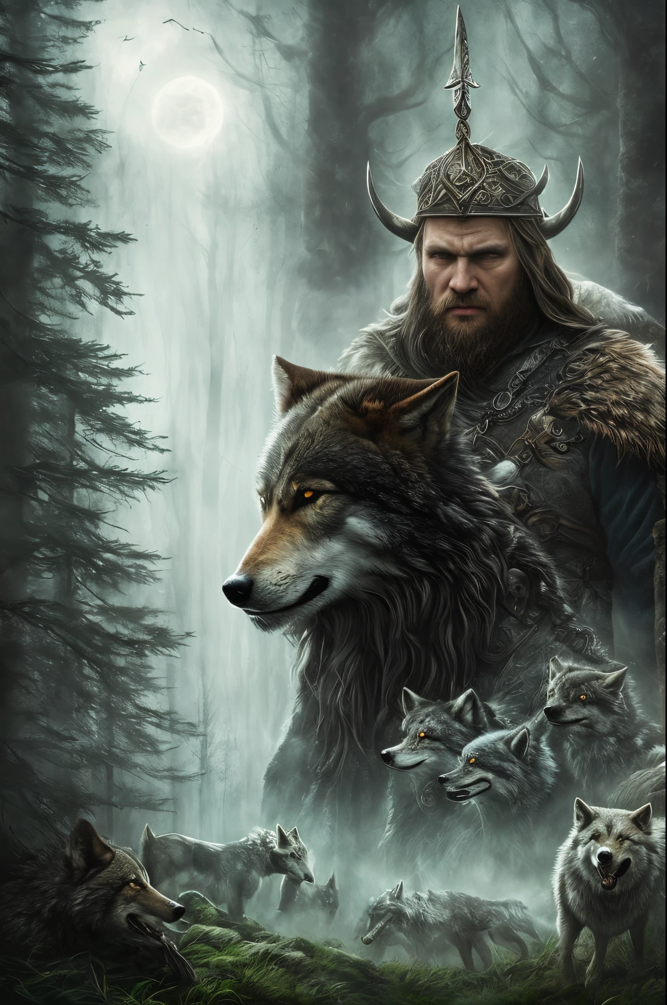 Prompt: A Viking with wolves, portrayed in the style of Gothic Art. The scene is dark and mystical, showing a Viking surrounded by wolves, captured in a gothic style with dark color tones and dramatic lighting. The composition should create a mysterious atmosphere, with elements like a moonlit forest, ancient ruins, or mystical symbols, enhancing the gothic feel and emphasizing the connection between the Viking and the wolves.