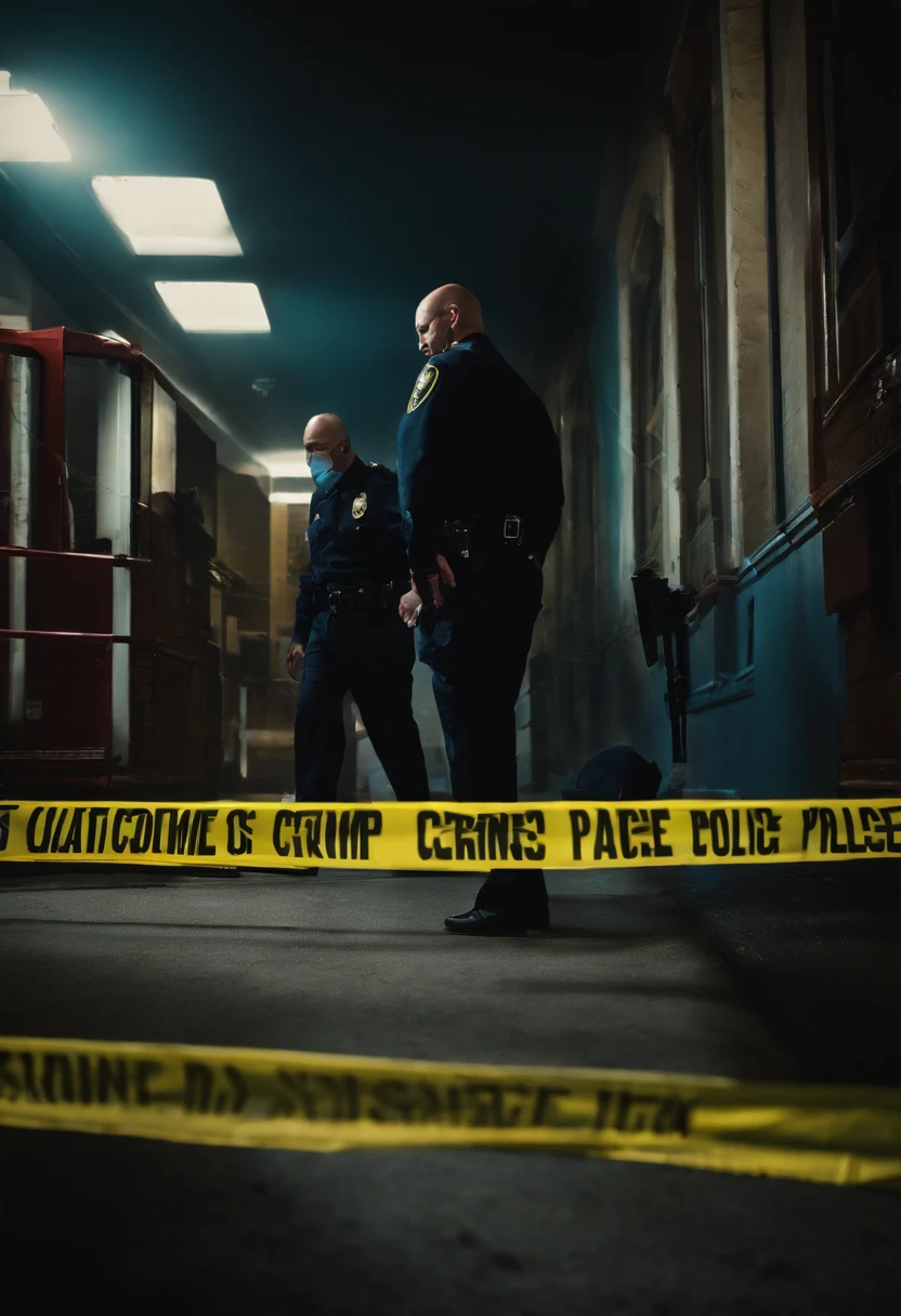 The image is of a crime scene with caution tape and police officers investigating.,original,Jonny Sins is the adult film star with a bald head.