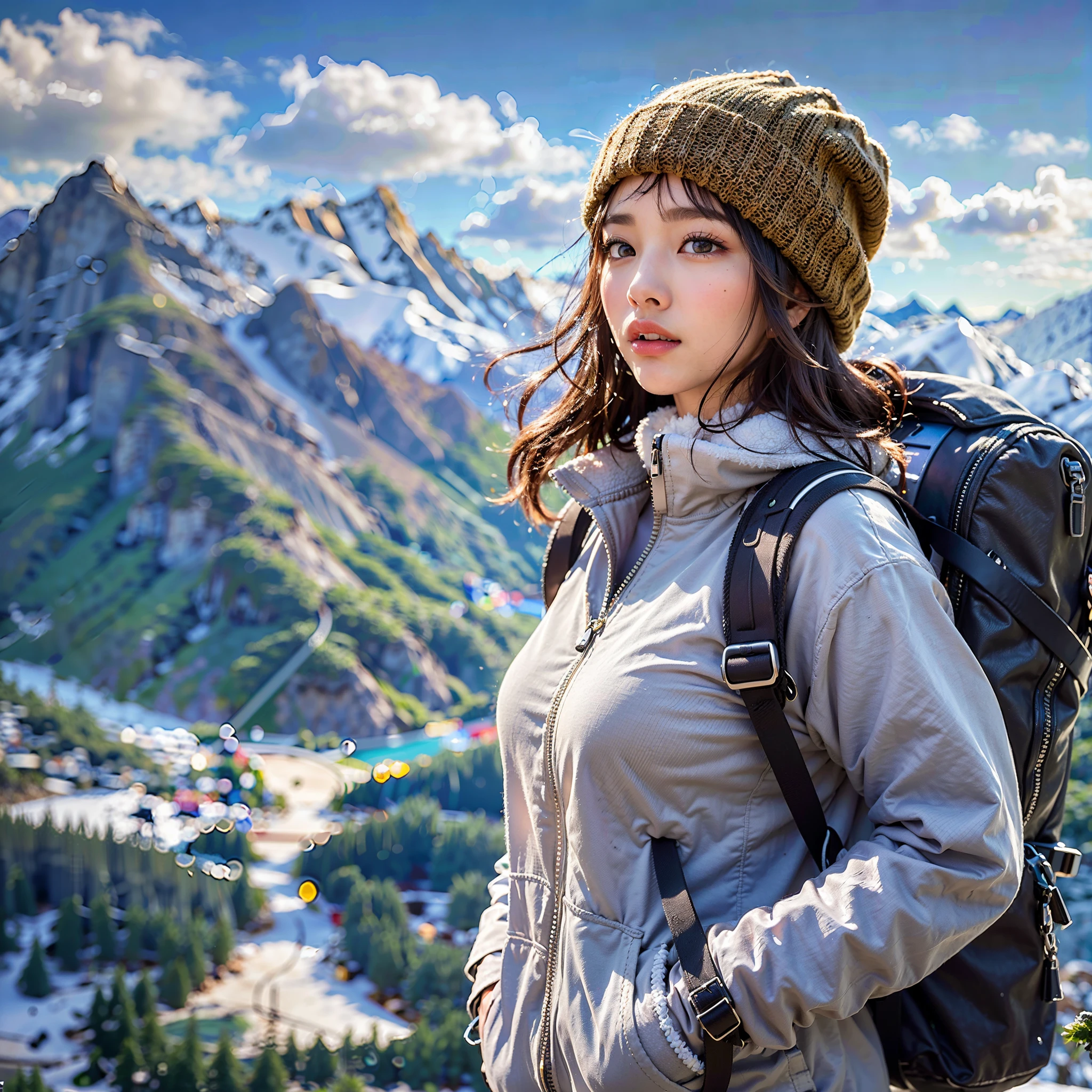 (Background, Magnificent mountain views, blue open sky, white clouds, snow, winter):1.3,  (medium hair, dark brown hair), (top-quality, Photorealistic:1.4, masterpiece:1.3, RAW Photography:1.2, cinematic light, very detailed illustration), (1woman:1.3, solo), (Mountain-jacket, T-shirt, trekking-pants, knit hat, Leather gloves), (Carrying a backpack), (Walking along a mountain trail), (ultra delicate face, ultra Beautiful fece, ultra delicate eyes, ultra detailed nose, ultra detailed mouth, ultra detailed facial features), petite woman, (medium breast:1.3), from the front side, glossy lips, white breath, selfee:1.3