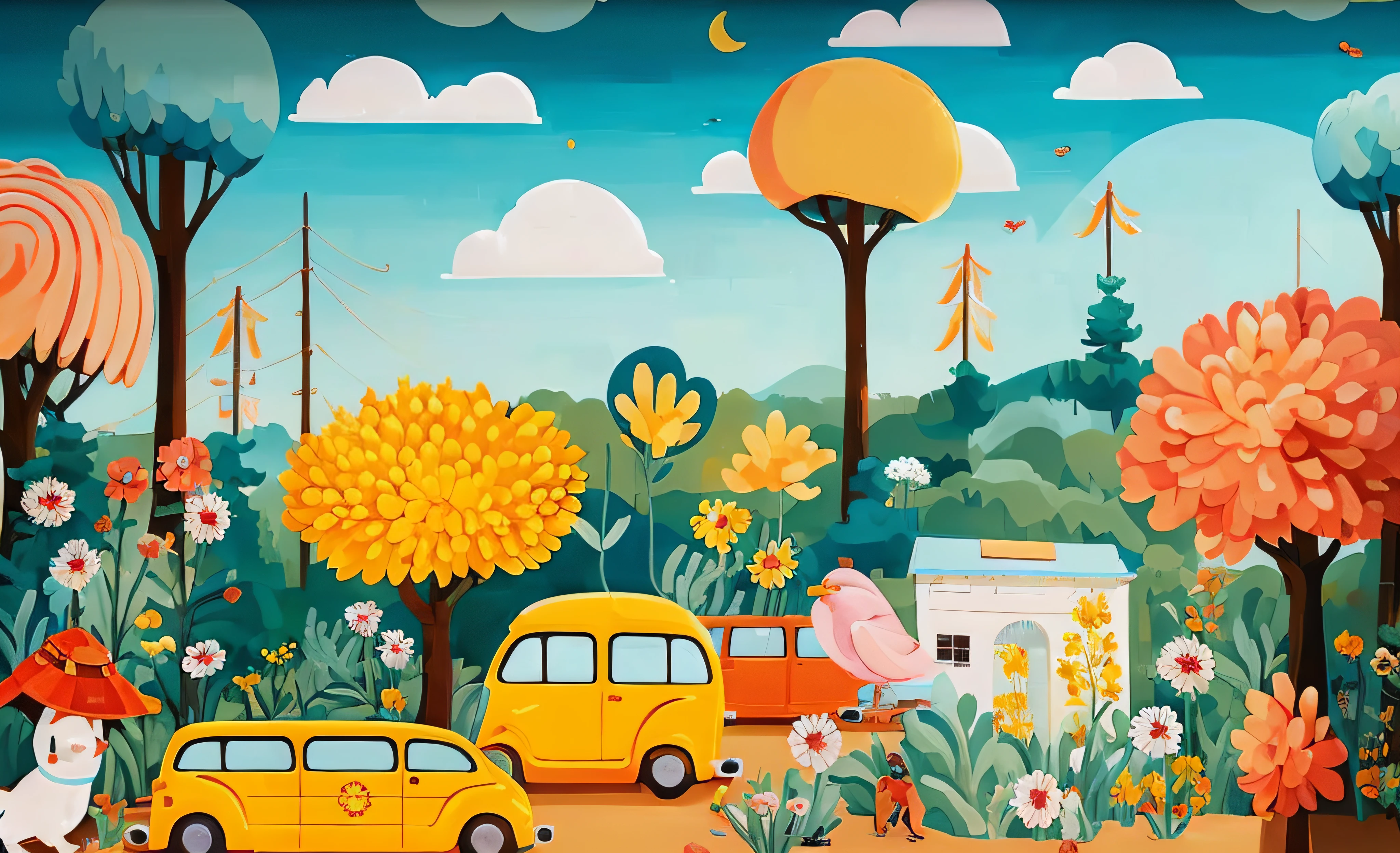 There is a mural of yellow cars and yellow trucks, author：Noi Kanjura, vibrant gouache painting scenery, Beautifully illustrated, Chuanghui Illustrations, author：Nandol Katona, In this painting, Colorful illustration, Dream illustration, by Jacques Camp, 🪔 🎨;🌞🌄, Paintings by Android Jones