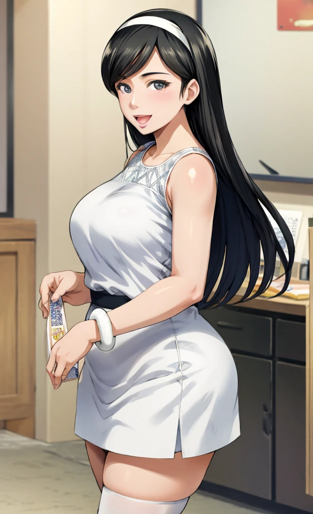 ootomo_takuji, (masterpiece, best quality), detailed, 1girl, solo focus, happy smile, open mouth, kumashiro maya, hairband, white dress, bracelet, black thighhighs BREAK shiny glossy skin, milf, mature women, standing, chubby, plump, looking at viewer