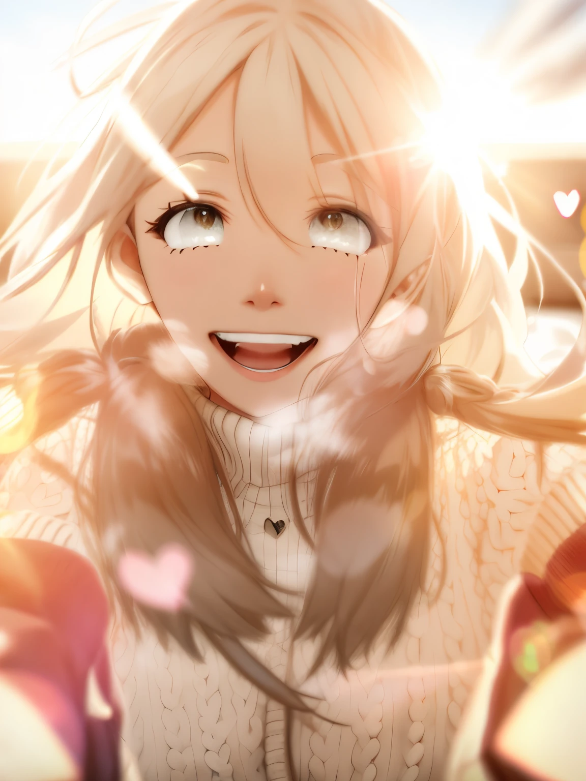 a girl, cosy sweater on, upper body, (huge Laughing:1.1), (open mouth:1.1), (wide open eyes:1.2), sun glare, bokeh, depth of field, blurry background, light particles, strong wind, (heart particles:1.1)