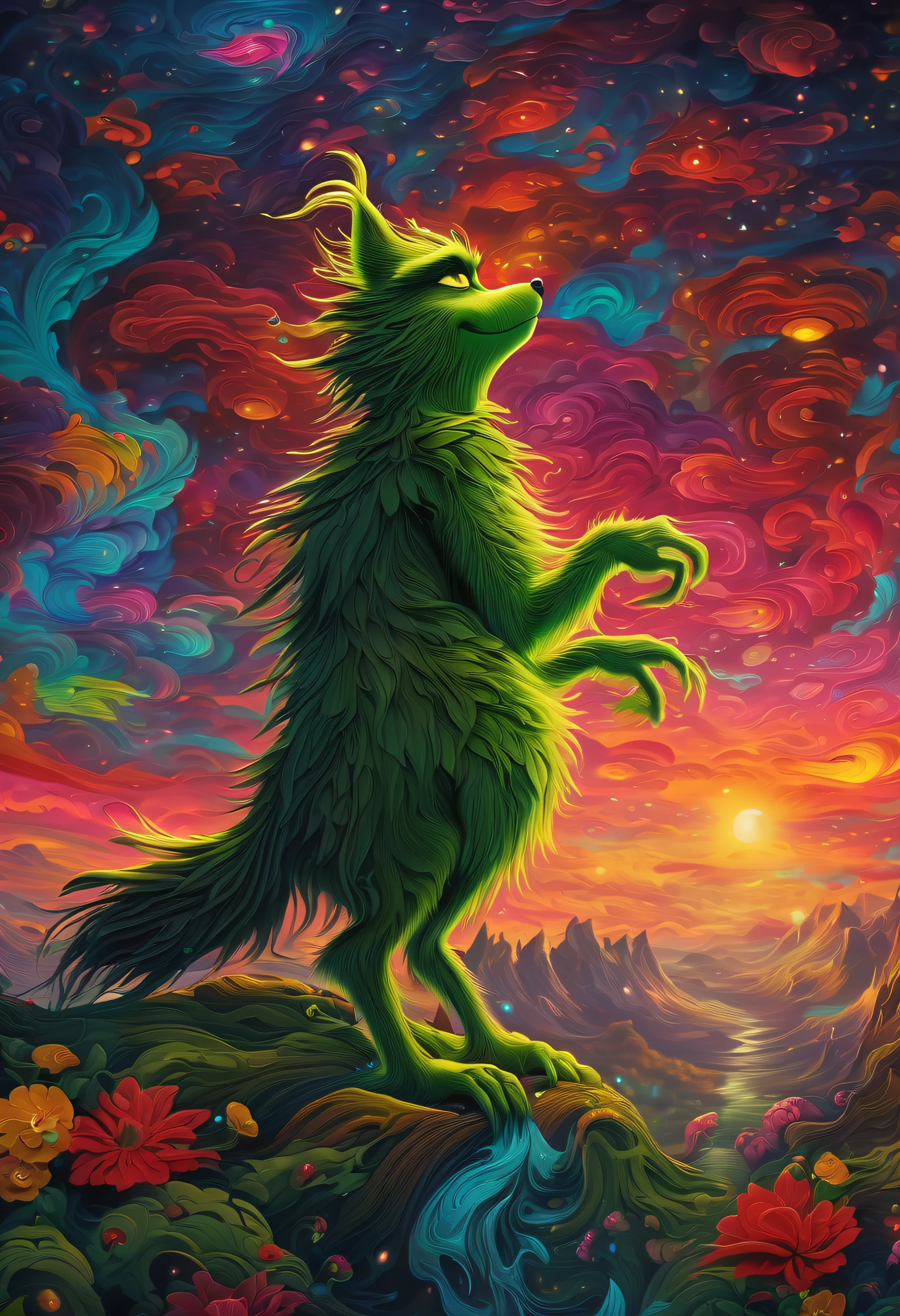 imagination breathtaking realm dark fantasy, vibrantly colored the_Grinch_movie illustration, rule over lush, these majestic Grinch, shimmering detail glow sky, dominate both sky and land. mesmerizing symphony of colors and movements, enchanting of dark fantasy environment, brimming life rich colors, dark beauty style captures enchanting, surreal, extremely intricate detailed, dreamlike, vibrant, in intricate fine elaborate, floral, poetic, immersive, expressive, whimsical, imaginative, naturalistic, serene, and radiant elements, reminiscent of wolf fantasy, surrealism, ecological, Impressionism, (((radiosity rendered in stunning 32k resolution:1.3))), highest quality, highly quality, (crisp clarity that is unmatched:1.2), breathtaking intricate insane detailed gel ink,