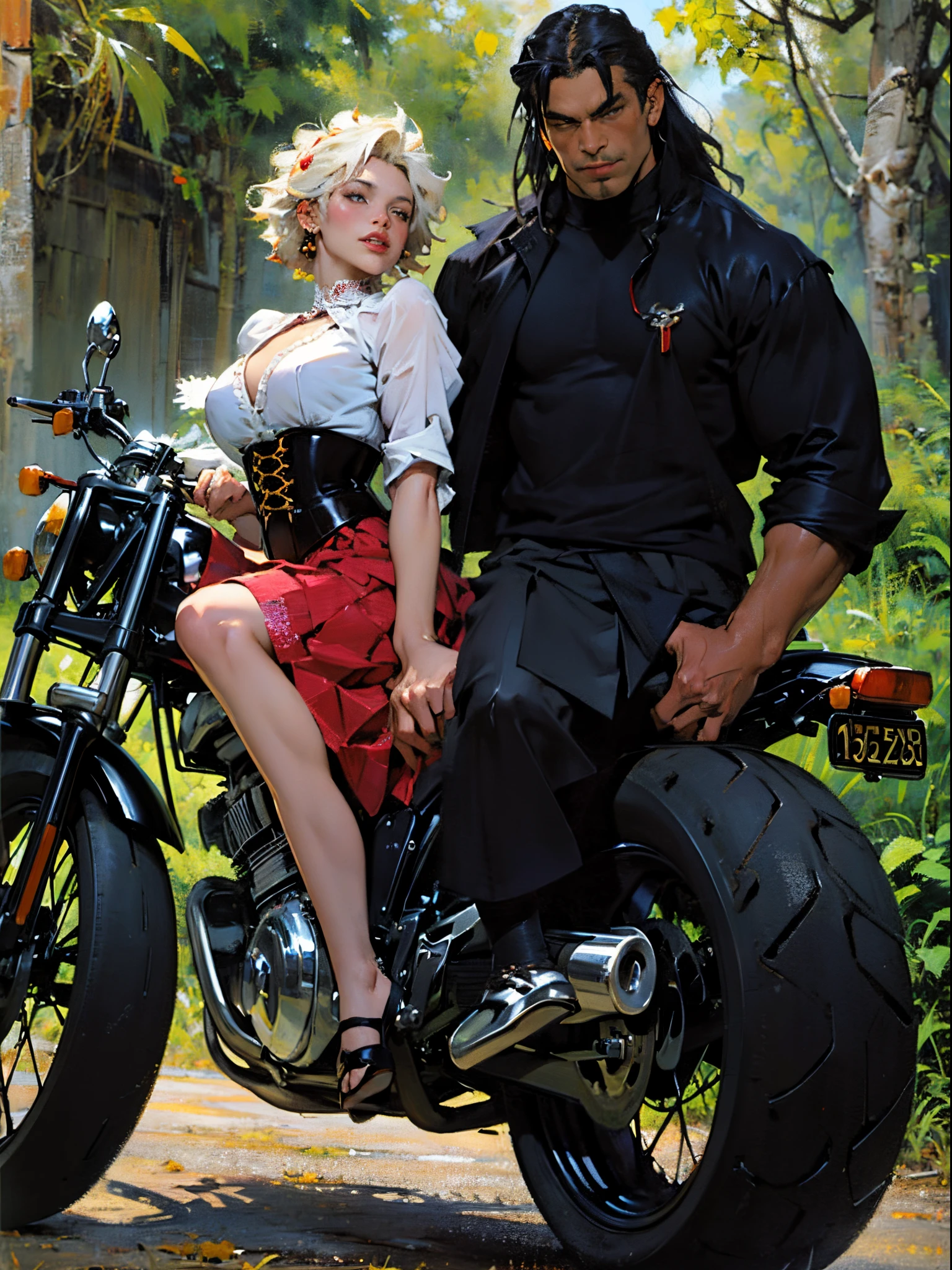Confident cyberpunk werewolf(Huge black humanoid wolf), ((Stand in front of the motorcycle)), ((Ride on a Harley motorcycle)),Little Red Riding Hood is sitting in the back seat,absurderes,(Girls wear:redhood, capes, Big breasts corset, a skirt, red long skirt,laced dress,Carrying a basket of fruit),(werewolf wear:Popular costumes in Harajuku style,)Popular costumes in Harajuku style,Background with:Jungle paths,freeway,There are dense woods beside the road,,((Sexual suggestiveness)),Correct anatomy,Detailed face, Detailed eyes,(post impressionist),(Fechin Oil Painting - Fechin Oil Painting , oil painted), 03