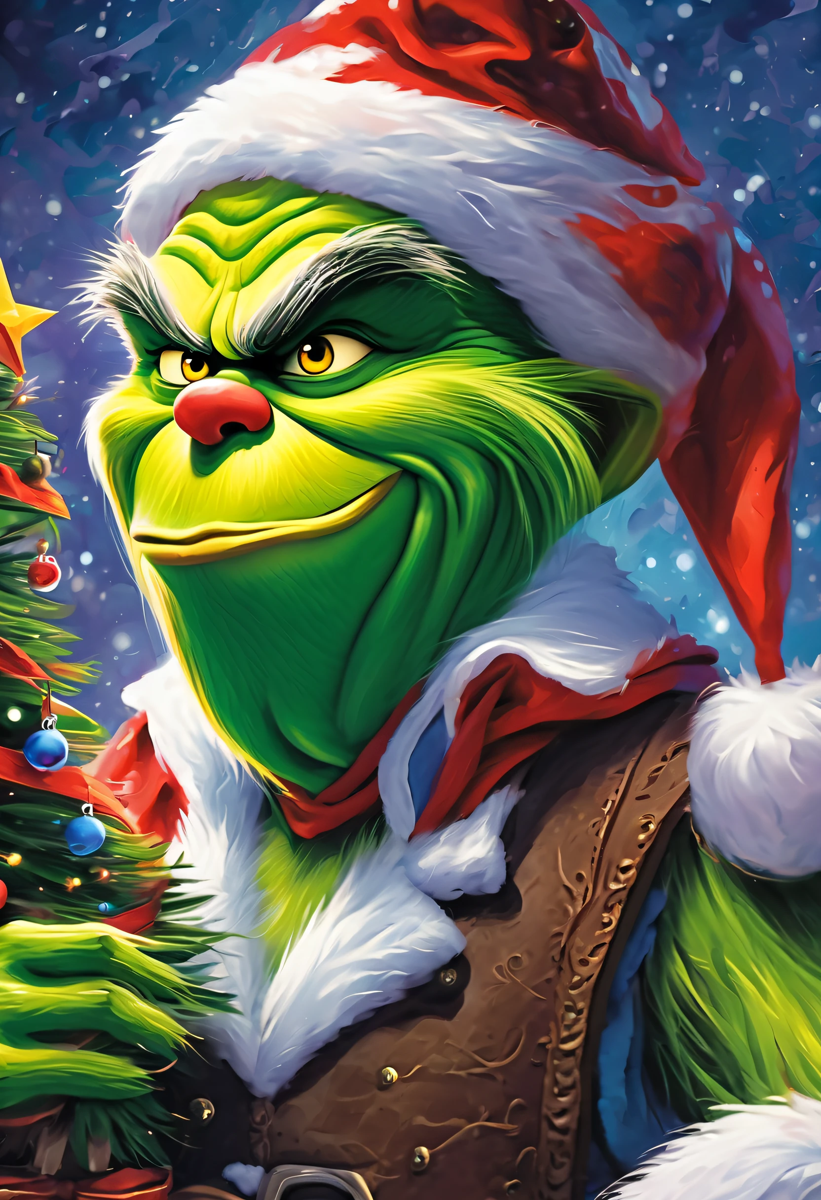 (((stunning thick coating oil paint and palette knife illustration with rich and vibrant colors:1.3))), the_Grinch_movie featuring a paladin adorned in Christmas decorations armor, stunning pose, beautifully decorated Christmas tree, the illustration is infused with elements of fairy tales, adding a touch of enchanting serenity scene, use of light and shine fantasy world, elevating luxurious level, heavy strokes, intricate architectural details, depth and complexity to the overall design, true masterpiece, true work of art, already visually stunning world, perfection,