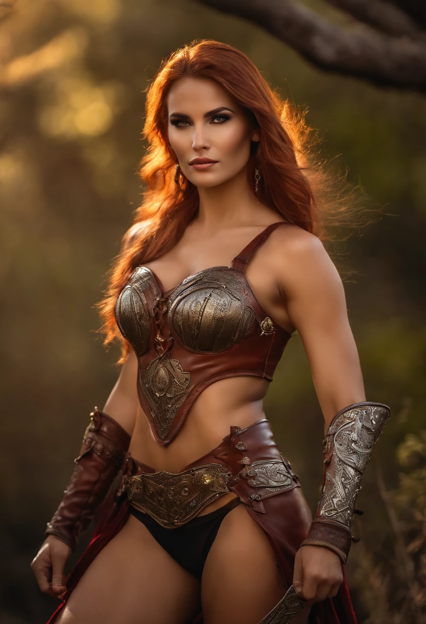 (La mejor calidad, 8k, 32K, Pieza maestra, UHD:1.2),fantasy,beautiful woman,guerrero,Armadura de bikini expuesta,sonrisa,muslo, Red Sonja cuerpo completo, mujer muy sexy, Pelo rojo, Pelirroja y musculosa, Leather waist adorned with metallic details, Espinilleras de metal bien detalladas con botas de cuero, Guantes de cuero , sosteniendo un hacha imponente en su mano derecha y sobre su hombro, NSFW