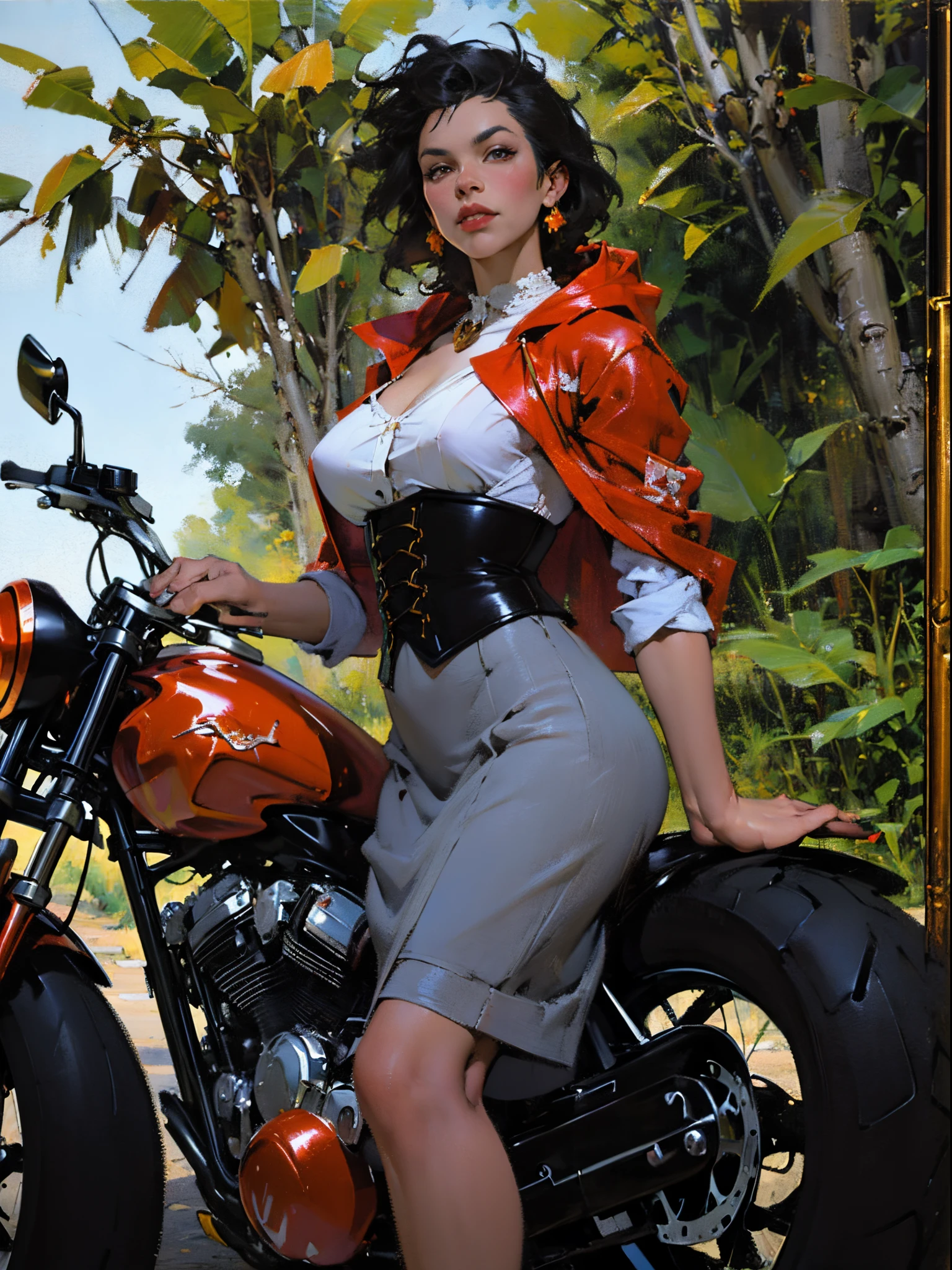Confident cyberpunk werewolf(Huge black humanoid wolf), ((Stand in front of the motorcycle)), ((Ride on a Harley motorcycle)),Little Red Riding Hood is sitting in the back seat,absurderes,(Girls wear:redhood, capes, Big breasts corset, a skirt, red long skirt,laced dress,Carrying a basket of fruit),(werewolf wear:Popular costumes in Harajuku style,)Popular costumes in Harajuku style,Background with:Jungle paths,freeway,There are dense woods beside the road,,((Sexual suggestiveness)),Correct anatomy,Detailed face, Detailed eyes,(post impressionist),(Fechin Oil Painting - Fechin Oil Painting , oil painted), 03