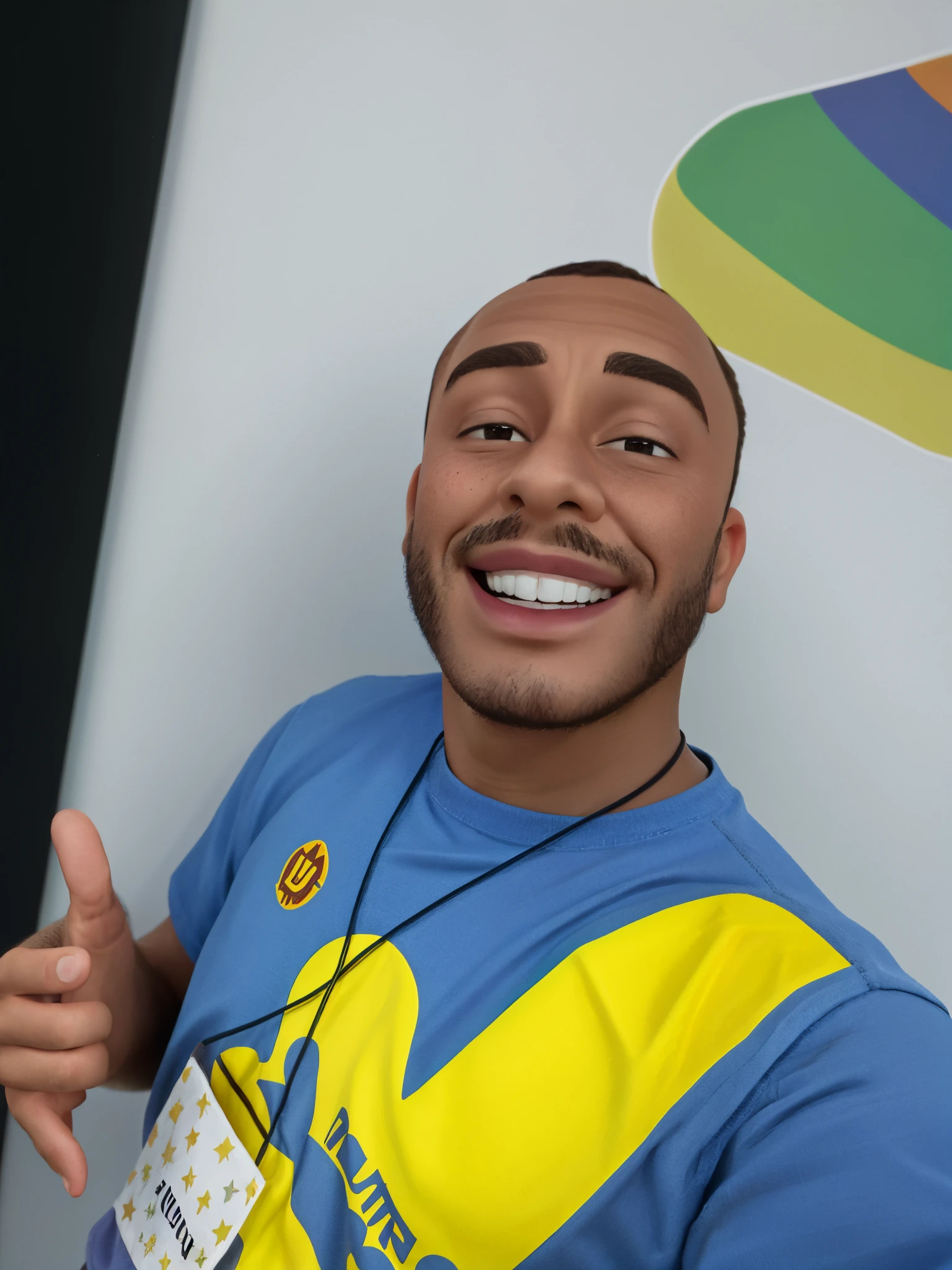 homem sorridente de camisa azul e amarelo, tocando bateria. No personagem da Disney pixar.