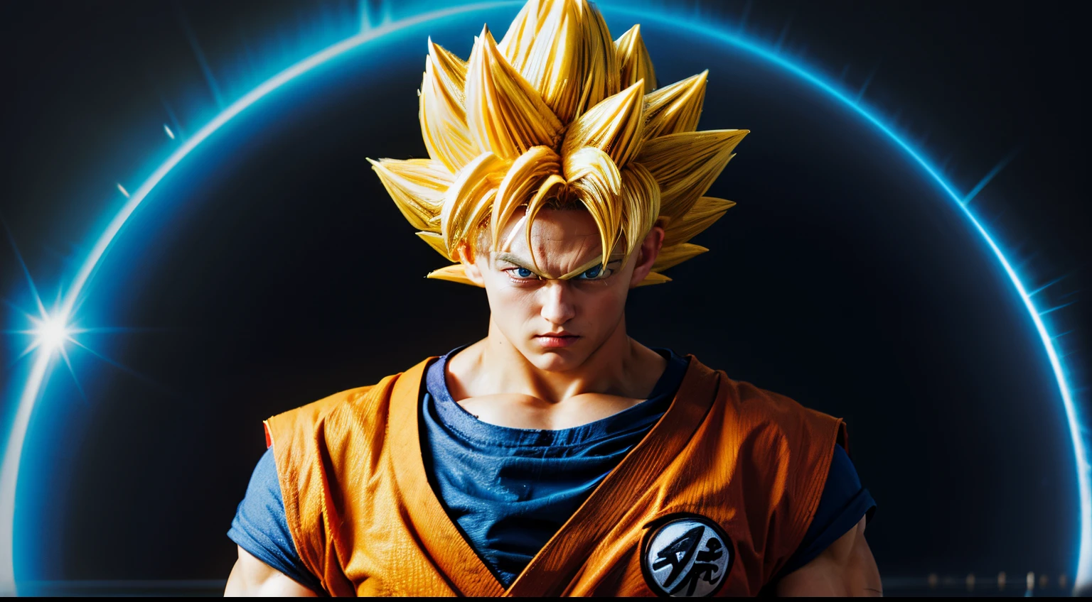 best quality, masterpiece, (realistic:1.2), son_goku, super_saiyan, yellow_hair, blue_eyes, yellow_aura, portrait,