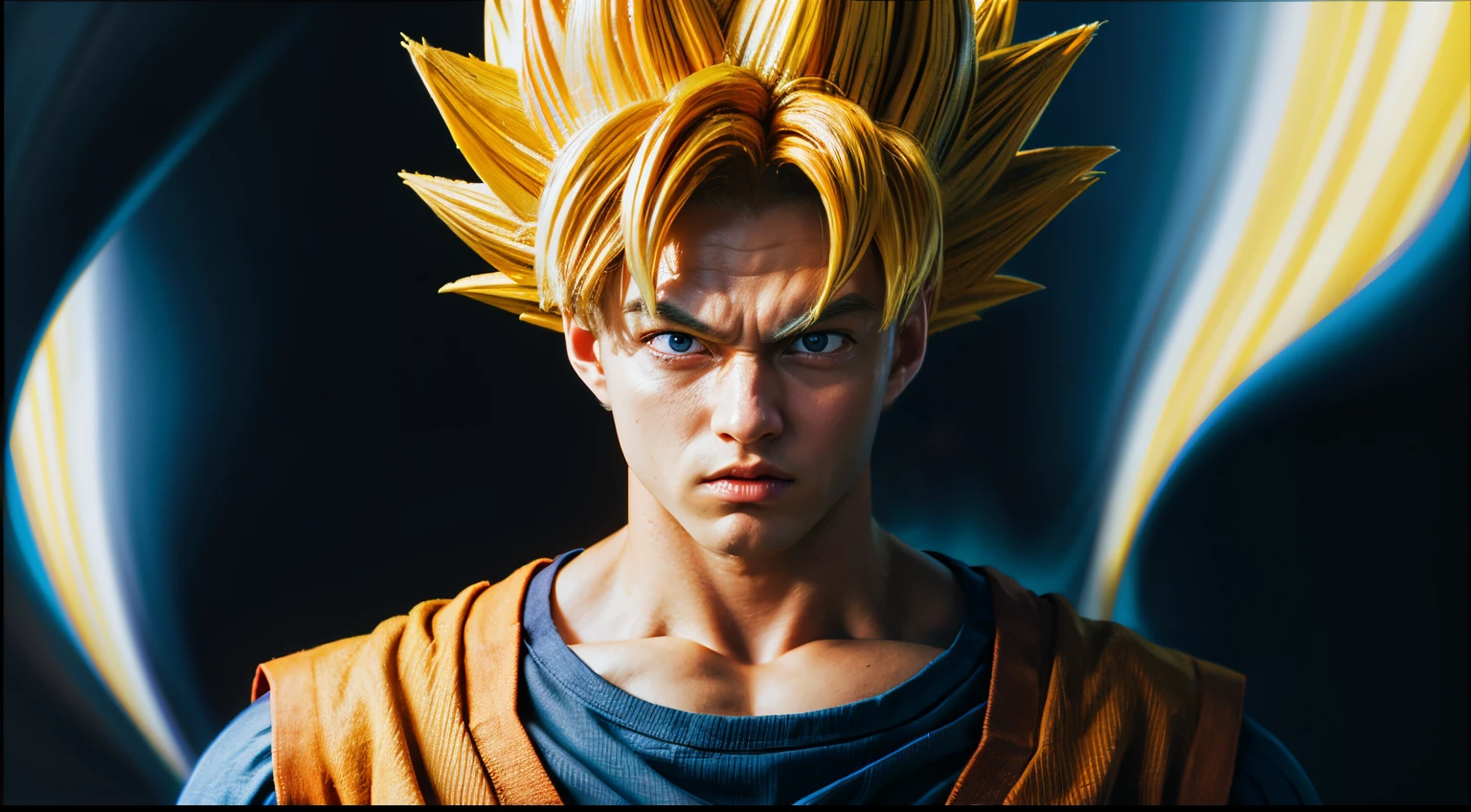 best quality, masterpiece, (realistic:1.2), son_goku, super_saiyan, yellow_hair, blue_eyes, yellow_aura, portrait,