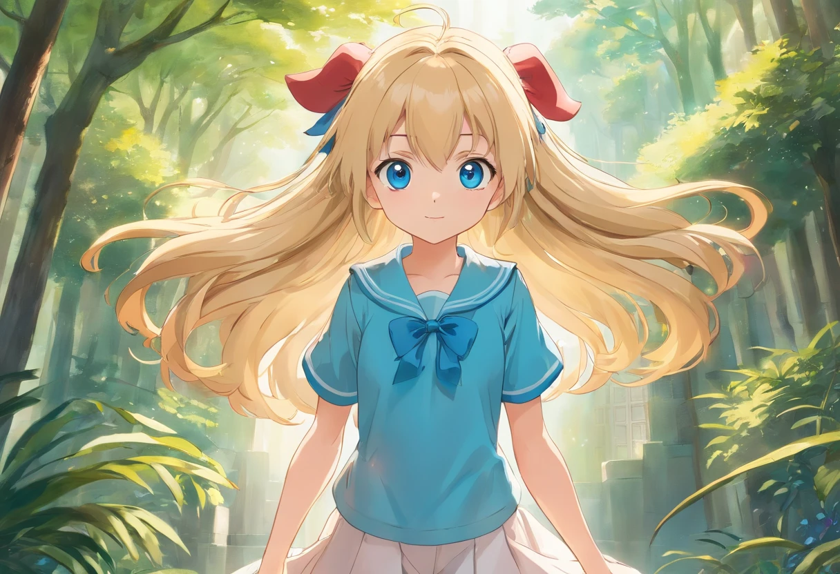  high school girl with slightly long blonde hair, Blue eyes, big, round and shiny. her eyes always shine gently、He had pinkish white skin.. she has graceful dimpled cheeks, In addition to a small but durable body,、. She has long, Slender legs standing on the Pokemon court