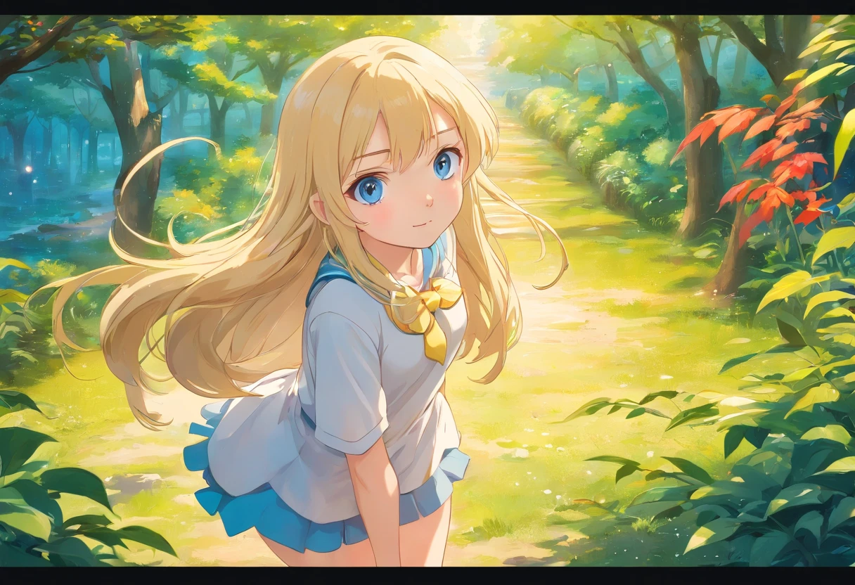 high school girl with slightly long blonde hair, Blue eyes, big, round and shiny. her eyes always shine gently、He had pinkish white skin.. she has graceful dimpled cheeks, In addition to a small but durable body,、. She has long, Slender legs standing on the Pokemon court