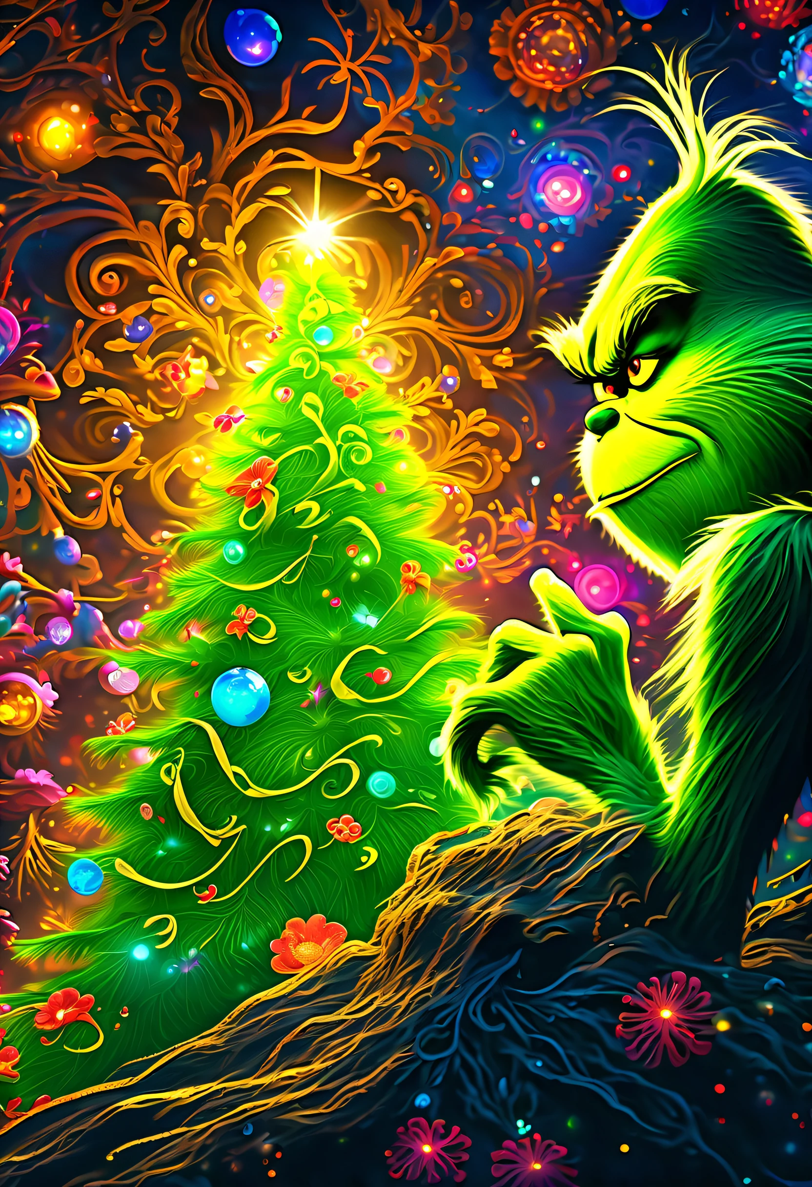 (((imagination breathtaking dark fantasy, vibrantly colored the_Grinch_movie illustration:1.3))), rule over lush, these majestic, shimmering detail glow sky, dominate both sky and land. mesmerizing symphony of colors and movements, (((enchanting of dark fantasy environment:1.2))), brimming life rich colors, dark beauty style captures enchanting, surreal, (((extremely intricate detailed:1.3))), dreamlike, vibrant, in intricate fine elaborate, (floral:1.1), poetic, immersive, ((expressive illustration:1.2)), whimsical, imaginative, naturalistic, serene, and radiant elements, reminiscent of wolf fantasy, surrealism, ecological, Impressionism, (((radiosity rendered in stunning 32k resolution:1.3))), highest quality, highly quality, (crisp clarity that is unmatched:1.2), (((breathtaking intricate insane detailed light painting:1.5))),