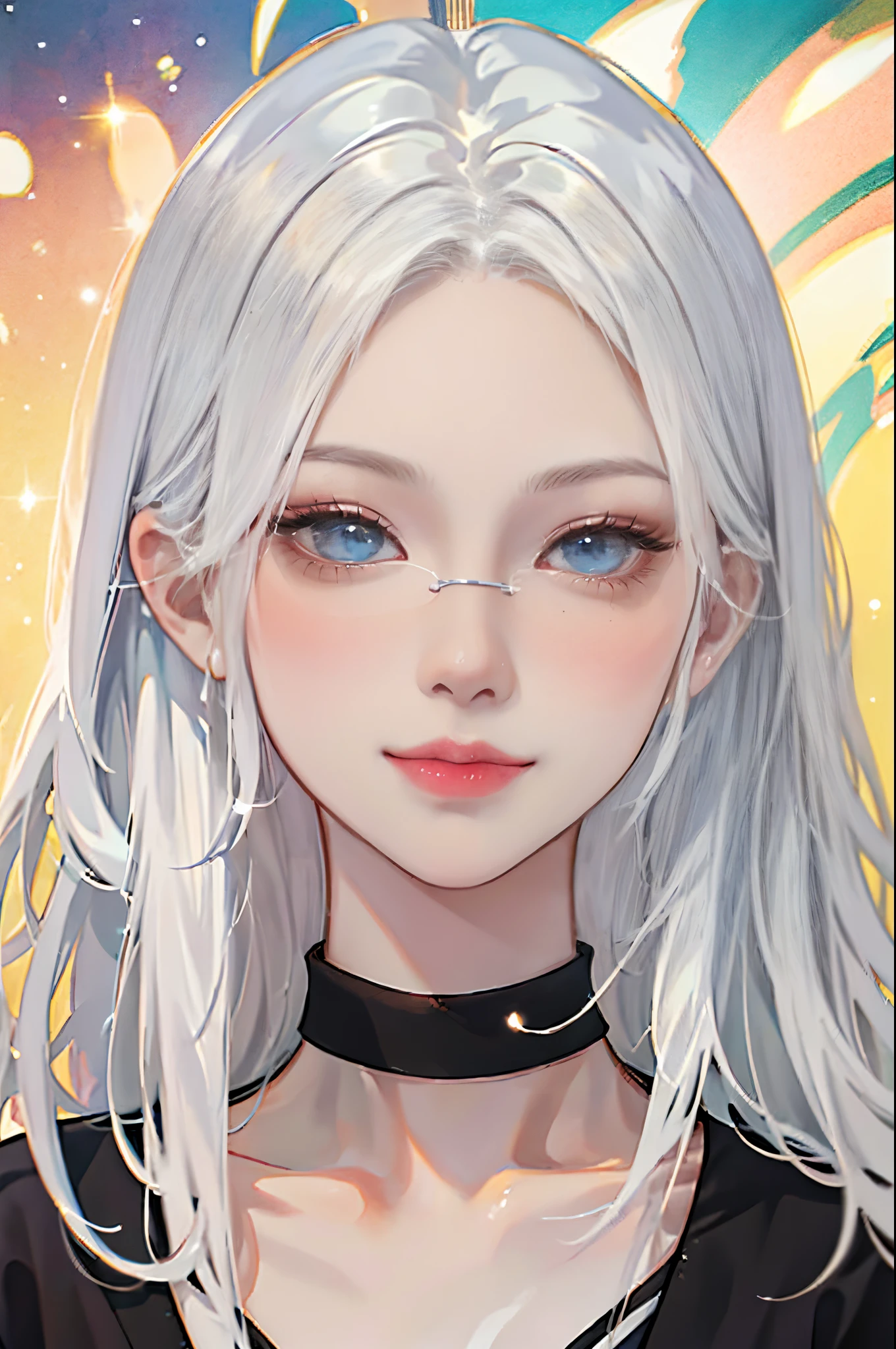 The image features illustrated characters with distinctive features. The character has white hair and vivid blue eyes, An eye peeks through the circle, mirror sunglasses. The character has a playful or confident expression on his or her face, Naughty smile highlights. Illustrations are detailed and colorful, Emphasize the character's expressive facial expressions, Resonates with the typical style of anime or manga, Exaggerated features often convey emotion and personality.