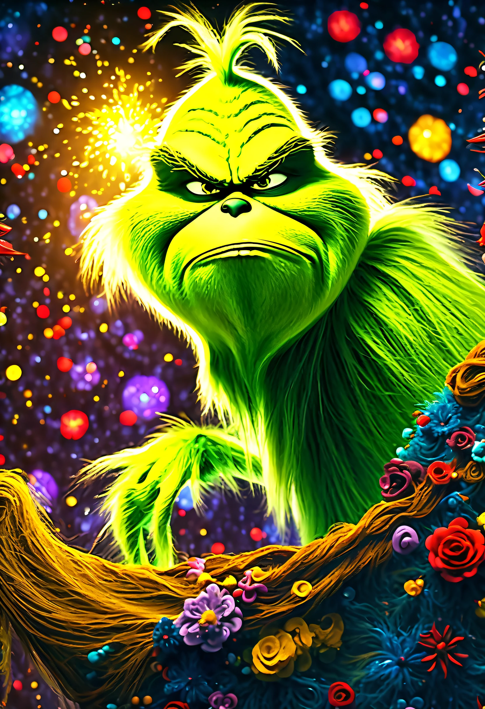 (((imagination breathtaking dark fantasy, vibrantly colored the_Grinch_movie illustration:1.3))), rule over lush, these majestic, shimmering detail glow sky, dominate both sky and land. mesmerizing symphony of colors and movements, (((enchanting of dark fantasy environment:1.2))), brimming life rich colors, dark beauty style captures enchanting, surreal, (((extremely intricate detailed:1.3))), dreamlike, vibrant, in intricate fine elaborate, (floral:1.1), poetic, immersive, ((expressive illustration:1.2)), whimsical, imaginative, naturalistic, serene, and radiant elements, reminiscent of wolf fantasy, surrealism, ecological, Impressionism, (((radiosity rendered in stunning 32k resolution:1.3))), highest quality, highly quality, (crisp clarity that is unmatched:1.2), (((breathtaking intricate insane detailed light painting:1.5))),