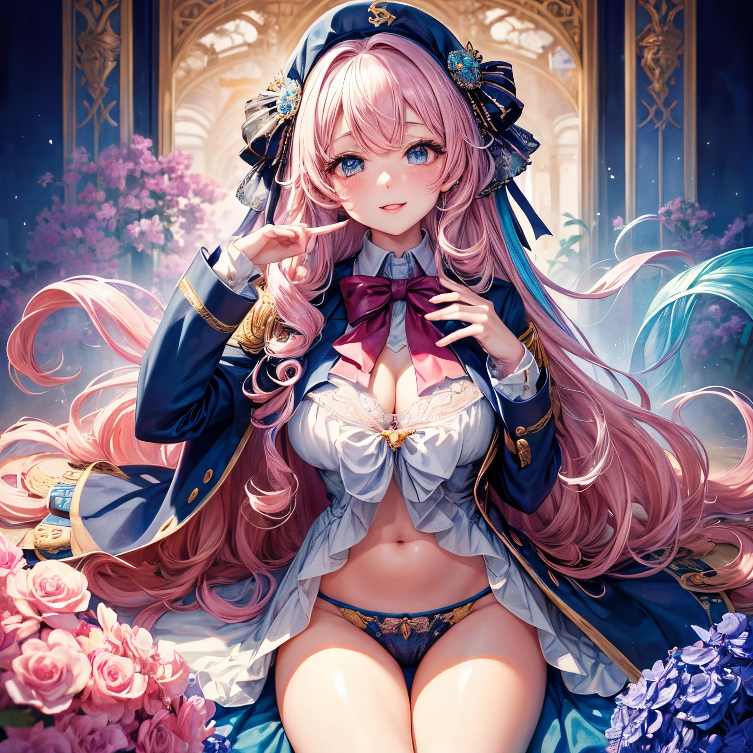 (Beautiful detailed eyes,Beautiful detailed lips,extremely detailed eye and face,longeyelashes,Cute girl in ribbon uniform,Cute uniform,Blazer,laughing loud,attractive girl,Best Quality,busty,masutepiece:1.2,stunning figure,Erotically cute,Ultra-high resolution,Gorgeous girl,Lovely girl,Multi-colored hair,Relaxation Socks,High resolution,gorgeous eyes,Perfect beauty) (​masterpiece、top-quality、top-quality、watercolor paiting(Curly)、Official art、Beautifully Aesthetic:1.2)、(２girl with:1.3)、(Fractal Art:1.3)、The upper part of the body、From Side、looking at the viewers、patterns、(rainbow-colored hair、colourful hair、half white and half pink hair:1.2)、４This refers to、Thumb joint、Eau、gases、云、colourfull、Soap bubbles、Deep kissing、I'm、violate、Detailed panties