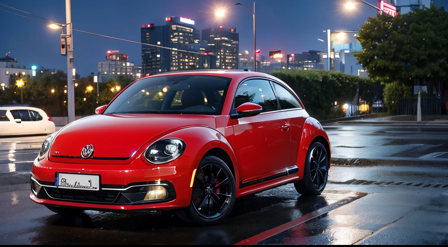 a quiet night，It just rained，at 50 meters away，A bright red Volkswagen Beetle can be seen parked on the side of the street，Car head forward，There are Hilton hotels and high-rise buildings around the street.。（Best quality，The Car），ultradetailed，realistically：1.37。