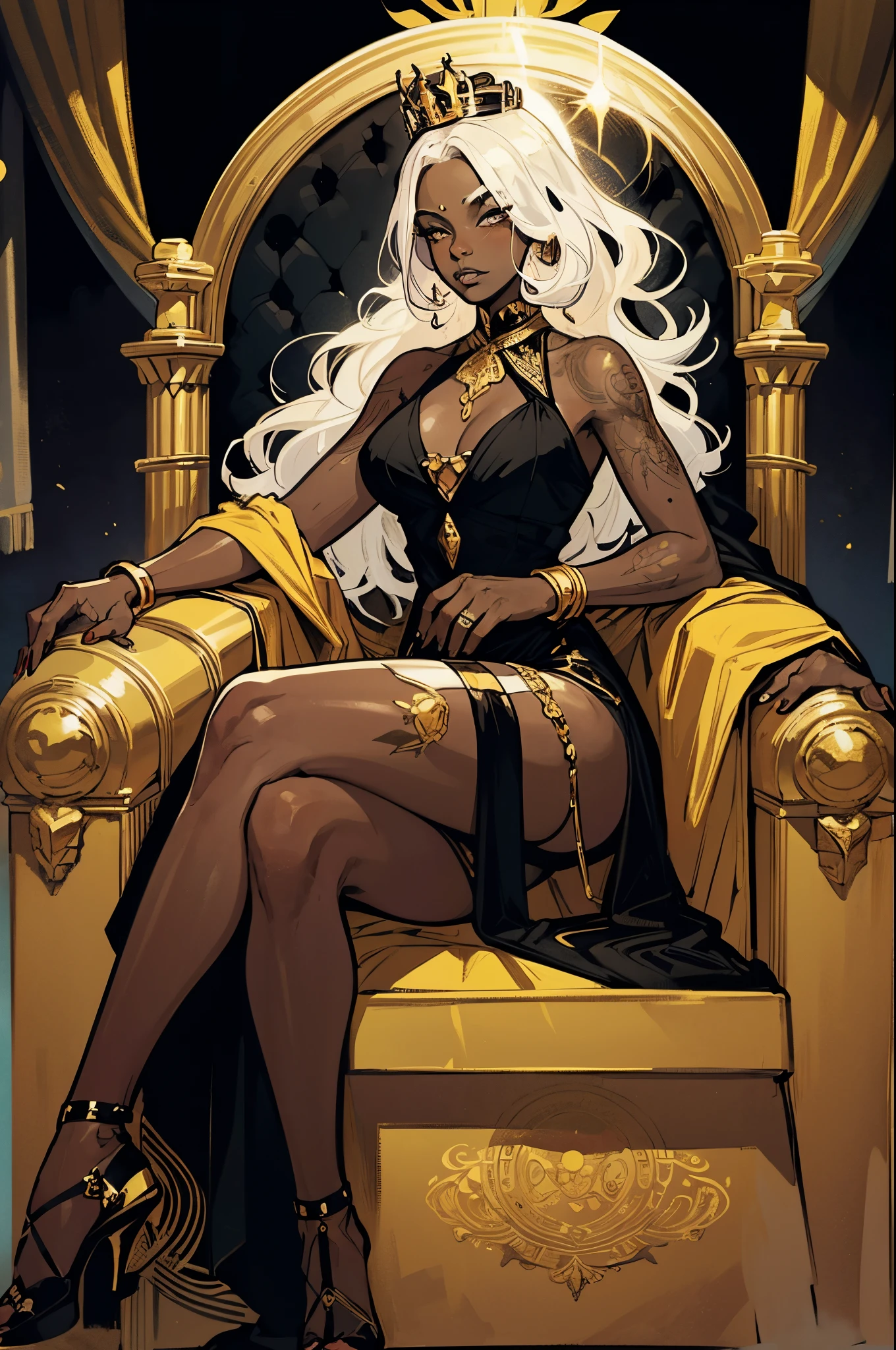 digital illustration, full body, looking at the viewer, ((woman)) young black woman, long white hair and(((straight))), large black eyes, black lipstick, tattoo on her arm, sitting on a golden throne, position of queen, queen of bees, with a black dress and golden details and a golden crown, background bees, honeycomb, honey cetrum, magic,