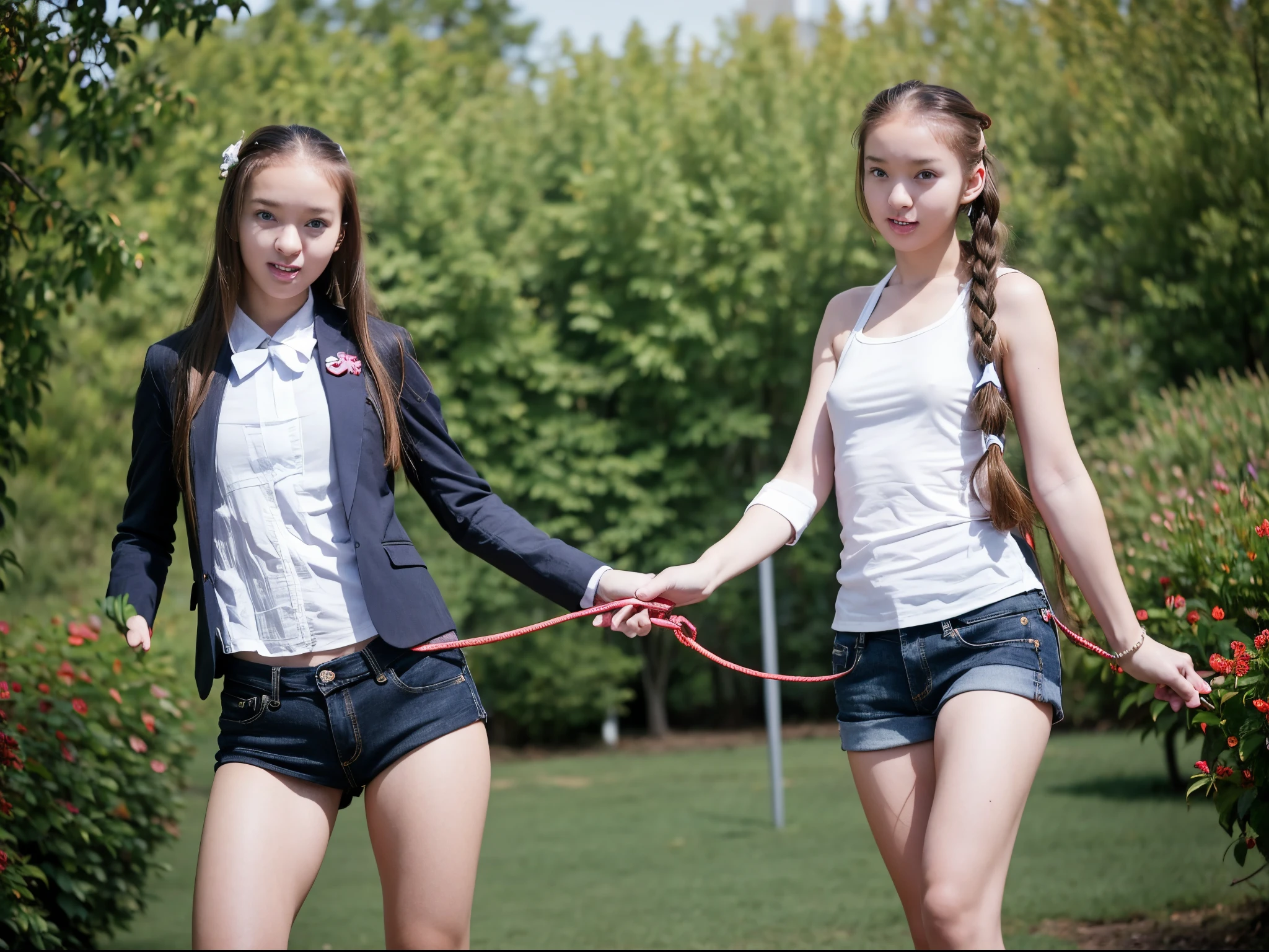 realistic, cinematic light, school girls jump 2 long ropes, double Dutch, in the park, ultra miniskirt, full body, from above and side, beautiful eyes, silver hair, perfect anatomy, very cute, (blue eyes), bioluminescence, 8 life size, 8k resolution, human hands, elegant, approaching perfection, dynamic, highly detailed, character sheet, concept art, smooth, facing directly at the viewer positioned so that their body is symmetrical and balanced, stunningly beautiful teenage girl, detailed hairstyle, fractal art, god ray, ****, her eyes tear up as she hold back the pain, open mouth and stick out tongue, sparkle, (masterpiece), anatomically correct, UHD, super detail, 8k, 16k