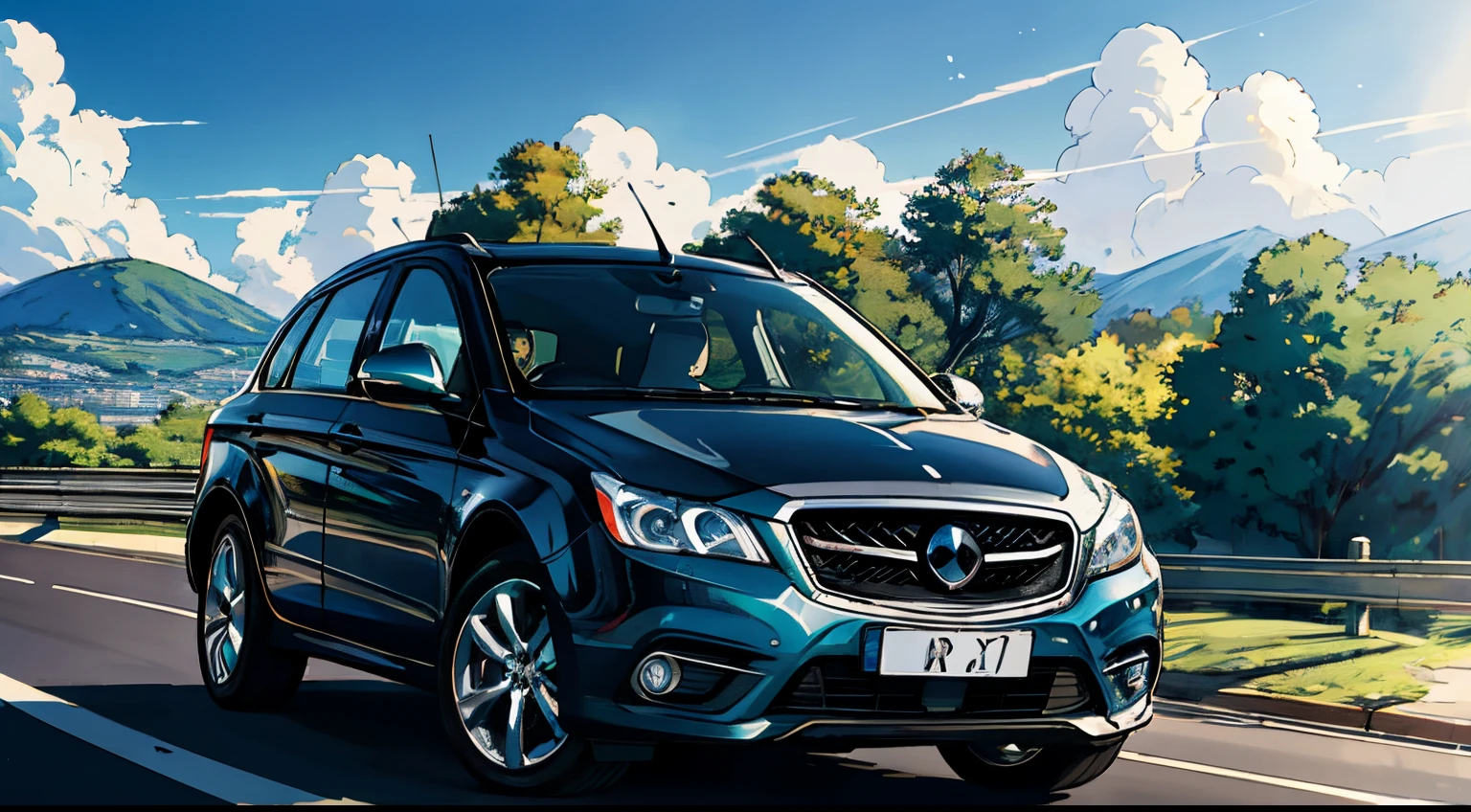 (big smile, joyful eyes), middle-aged man, driving a car, external perspective. [sunny day], [clear road], [scenic landscape], [luxury car], [happy atmosphere], [wind in hair], [cityscape in the background], [confident posture], [stylish outfit], [professional driver], [smooth driving], [crisp air], [blue sky], [green trees], [vibrant colors], [detailed car interior], [pleasant breeze], [carefree expression]. (best quality, highres), ultra-detailed, (realistic:1.37), [HDR], [sharp focus], [sun rays], [bright sunlight], [dynamic lighting], [fine shadows]., anime style, anime style, anime style, panorama, stereogram, from outside, highres, super detail, ccurate, masterpiece