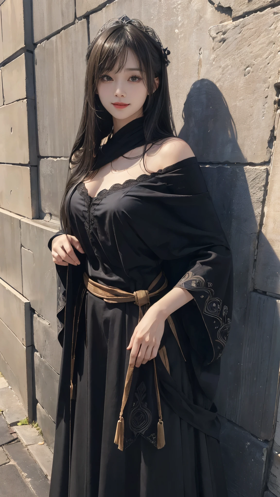 (Ultra Realistic), (Illustration), (Increased Resolution), (8K), (Extremely Detailed), (Best Illustration), (Beautiful and Detailed Eyes), (Best Quality), (Ultra Detailed), (Masterpiece ), ( wallpaper), (detailed face), solo, 1 girl, looking at viewer, fine details, detailed face, in the dark, deep shadows, low key, pureerosfaceace_v1, smiling, long hair, black shawl straight hair , 46 points oblique bangs