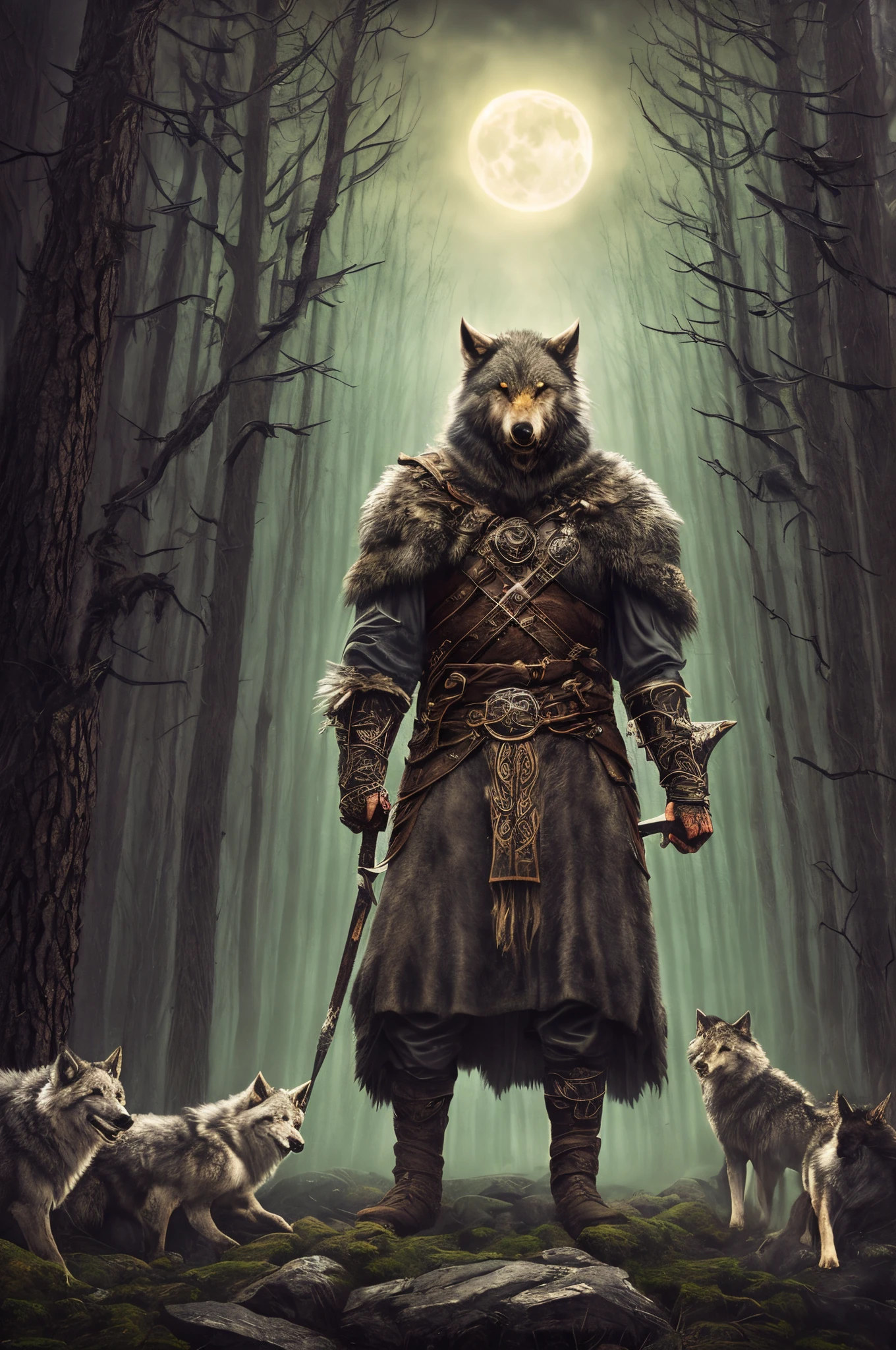 Prompt: A Viking with wolves, portrayed in the style of Gothic Art. The scene is dark and mystical, showing a Viking surrounded by wolves, captured in a gothic style with dark color tones and dramatic lighting. The composition should create a mysterious atmosphere, with elements like a moonlit forest, ancient ruins, or mystical symbols, enhancing the gothic feel and emphasizing the connection between the Viking and the wolves.