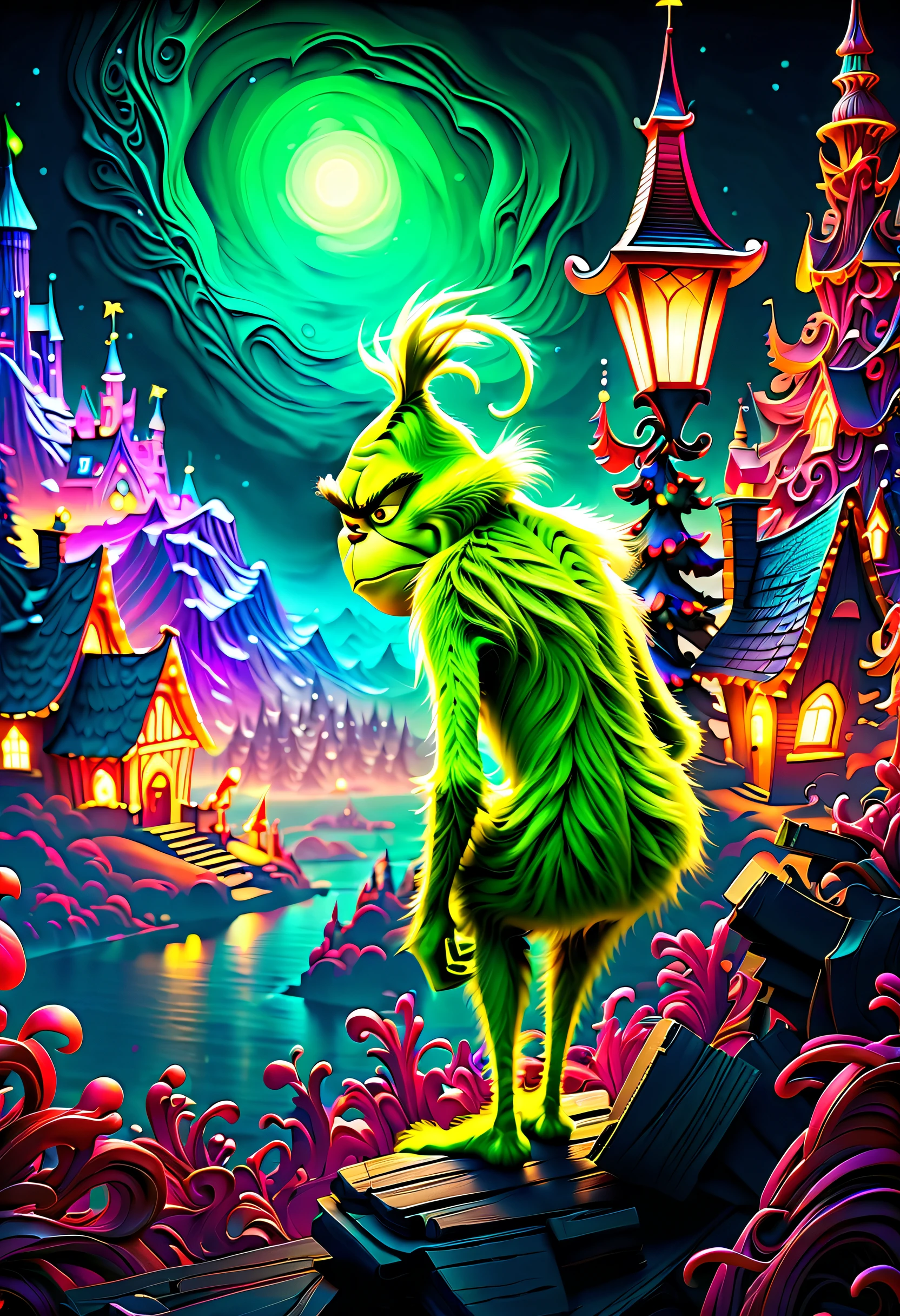 (((imagination breathtaking dark fantasy, vibrantly colored the_Grinch_movie illustration:1.3))), rule over lush, these majestic, shimmering detail glow sky, dominate both sky and land. mesmerizing symphony of colors and movements, (((enchanting of dark fantasy environment:1.2))), brimming life rich colors, dark beauty style captures enchanting, surreal, (((extremely intricate detailed:1.3))), dreamlike, vibrant, in intricate fine elaborate, (floral:1.1), poetic, immersive, ((expressive illustration:1.2)), whimsical, imaginative, naturalistic, serene, and radiant elements, (((reminiscent of glow fantasy:1.2))), ((surrealism:1.2)), Impressionism, (((radiosity rendered in stunning 32k resolution:1.3))), highest quality, highly quality, (crisp clarity that is unmatched:1.2), (((breathtaking intricate insane detailed light painting:1.5))),
