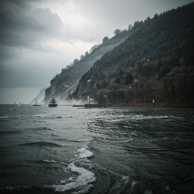 An ultra realistic piece of heavy rain with winds on the water