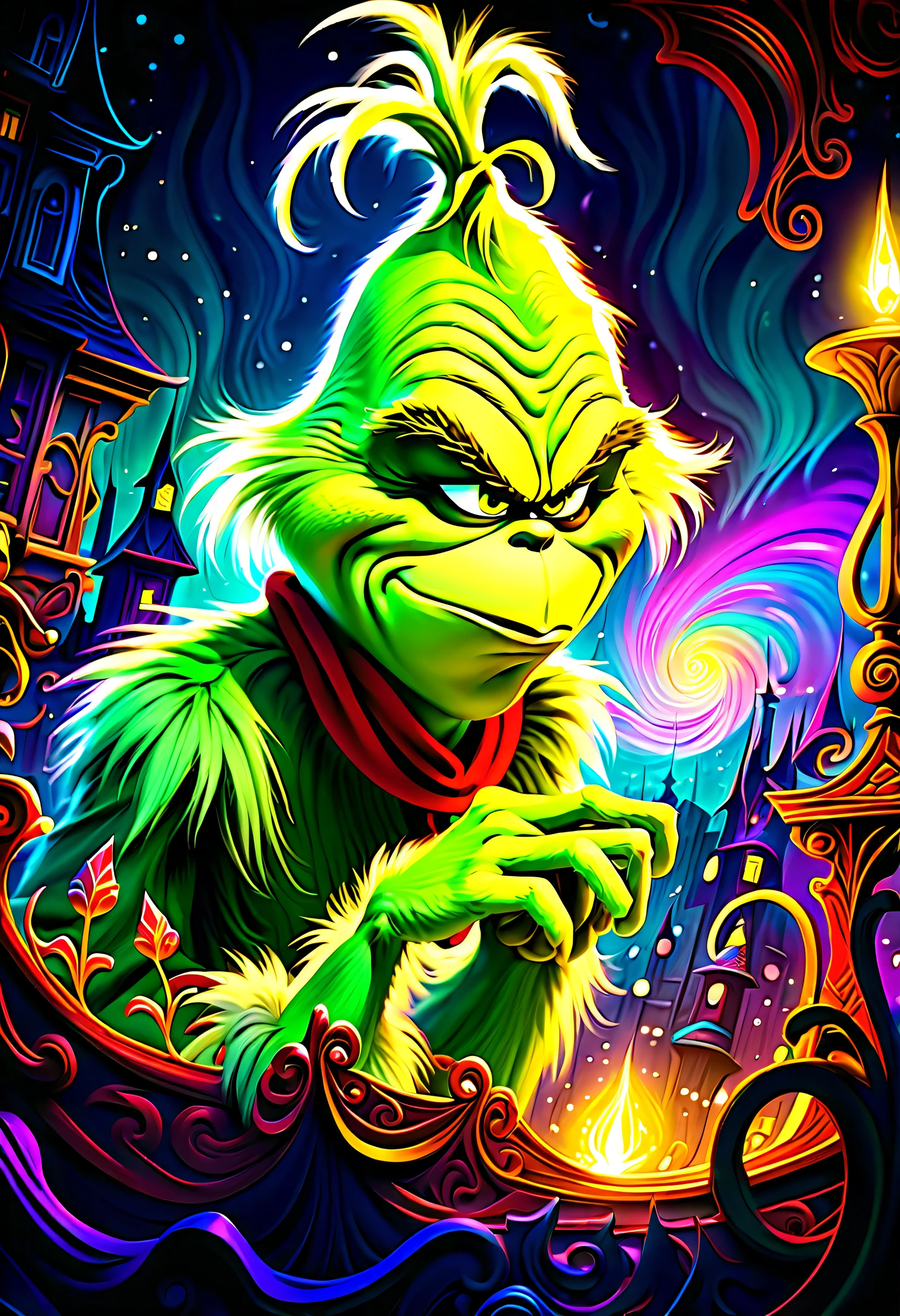 (((imagination breathtaking dark fantasy, vibrantly colored the_Grinch_movie illustration:1.3))), rule over lush, these majestic, shimmering detail glow sky, dominate both sky and land. mesmerizing symphony of colors and movements, (((enchanting of dark fantasy environment:1.2))), brimming life rich colors, dark beauty style captures enchanting, surreal, (((extremely intricate detailed:1.3))), dreamlike, vibrant, in intricate fine elaborate, (floral:1.1), poetic, immersive, ((expressive illustration:1.2)), whimsical, imaginative, naturalistic, serene, and radiant elements, (((reminiscent of glow fantasy:1.2))), ((surrealism:1.2)), Impressionism, (((radiosity rendered in stunning 32k resolution:1.3))), highest quality, highly quality, (crisp clarity that is unmatched:1.2), (((breathtaking intricate insane detailed light painting:1.5))),