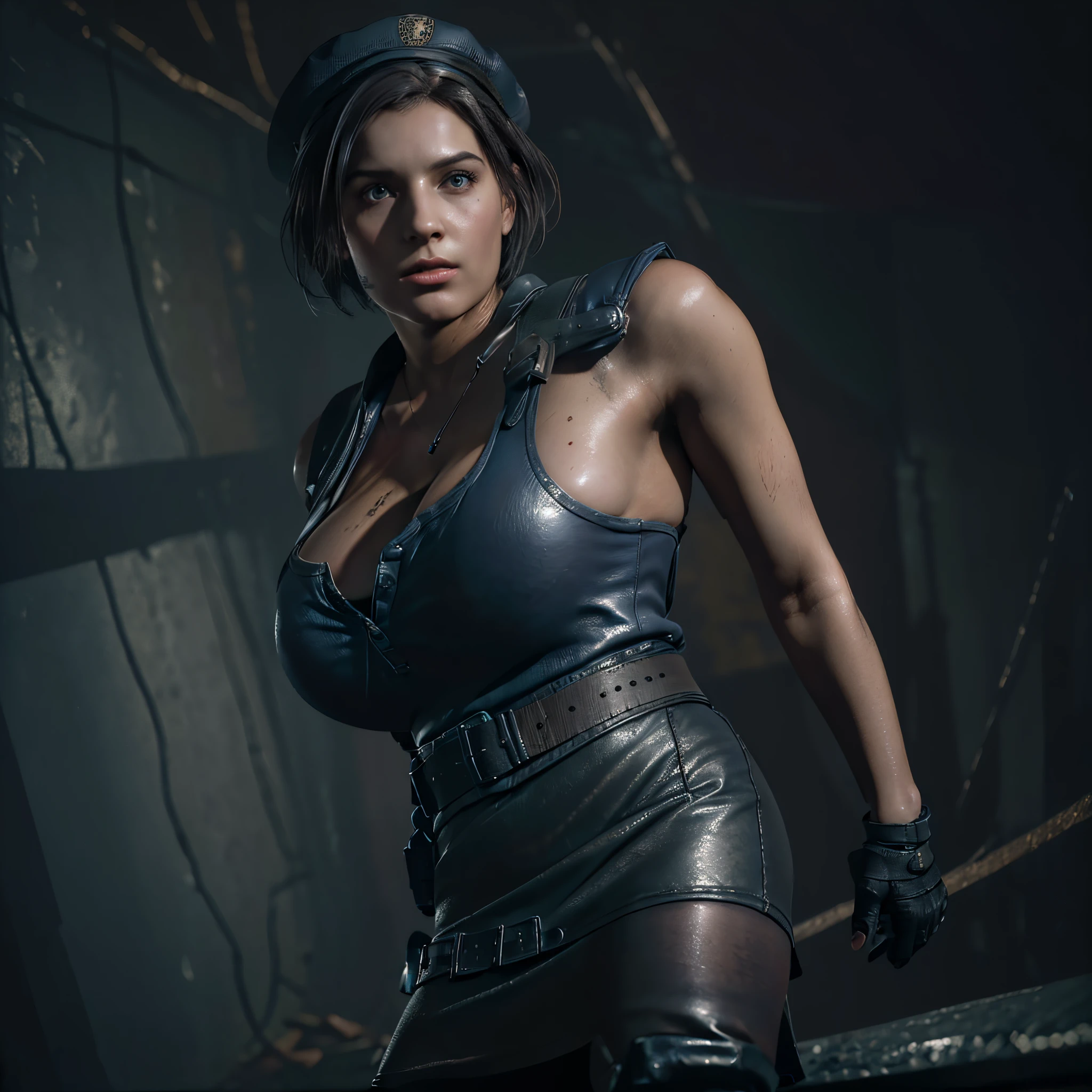 (masterpiece:1.2, Best Quality:1.2, 32K HDR:1.1, High resolution:1.1), ((jillvalentine, zota valentine, 1girl in, black hair, short hair, beret:1.15, mini skirt, leather skirt, gun belt, Black boots, long boots,)), (ultra gigantic tits:1.35, SuperHuge boobs:1.35, Exposed shaved armpits:1.15), (Detailed face, Detailed skin texture), ((In a realistic abandoned house:1.1, dark atmosphere)),