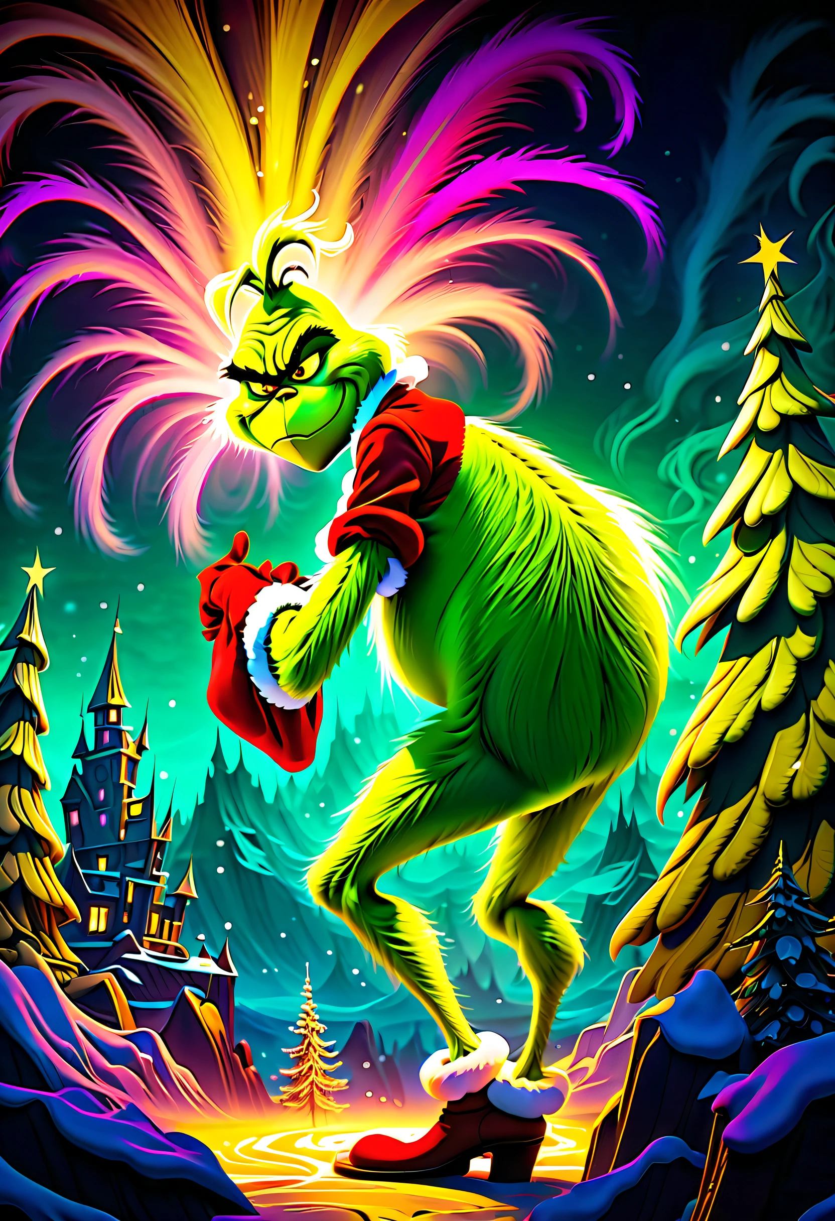 (((imagination breathtaking dark fantasy, vibrantly colored the_Grinch_movie illustration:1.3))), rule over lush, these majestic, shimmering detail glow sky, dominate both sky and land. mesmerizing symphony of colors and movements, (((enchanting of dark fantasy environment:1.2))), brimming life rich colors, dark beauty style captures enchanting, surreal, (((extremely intricate detailed:1.3))), dreamlike, vibrant, in intricate fine elaborate, (floral:1.1), poetic, immersive, ((expressive illustration:1.2)), whimsical, imaginative, naturalistic, serene, and radiant elements, (((reminiscent of glow fantasy:1.2))), ((surrealism:1.2)), Impressionism, (((radiosity rendered in stunning 32k resolution:1.3))), highest quality, highly quality, (crisp clarity that is unmatched:1.2), (((breathtaking intricate insane detailed light painting:1.5))),