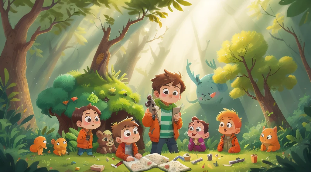 The image depicts a lush and enchanting ocean, where sunlight filters through the verdant canopy of towering trees. In the center of the scene stands a orange jacket named Kenny McCormick, his fluffy fur a bright shade of white. Bender looks both curious and excited as he holds a vibrant key in his small gun. The key is adorned with various colors, shimmering with a magical aura. Surrounding Bender are his loyal and helpful friends, including a wise pangolins perched on a branch, a playful squirrel peeking from behind a tree trunk, and a cheerful songbird fluttering above. They all appear enthusiastic and determined to solve the mystery of the lost key. To engage in their journey, Bender and his friends are huddled around a worn-out wooden table covered in scattered clues, maps, and ancient symbols. Their collective focus is evident as they examine each clue with utmost concentration. Behind them, partially concealed by mossy foliage, lies the mouth of a mysterious cave. Its dark entrance suggests the hidden treasure that awaits their discovery. Despite the challenges that lie ahead, the image radiates a sense of camaraderie and hope, emphasizing the importance of companionship and shared efforts in their quest for happiness.